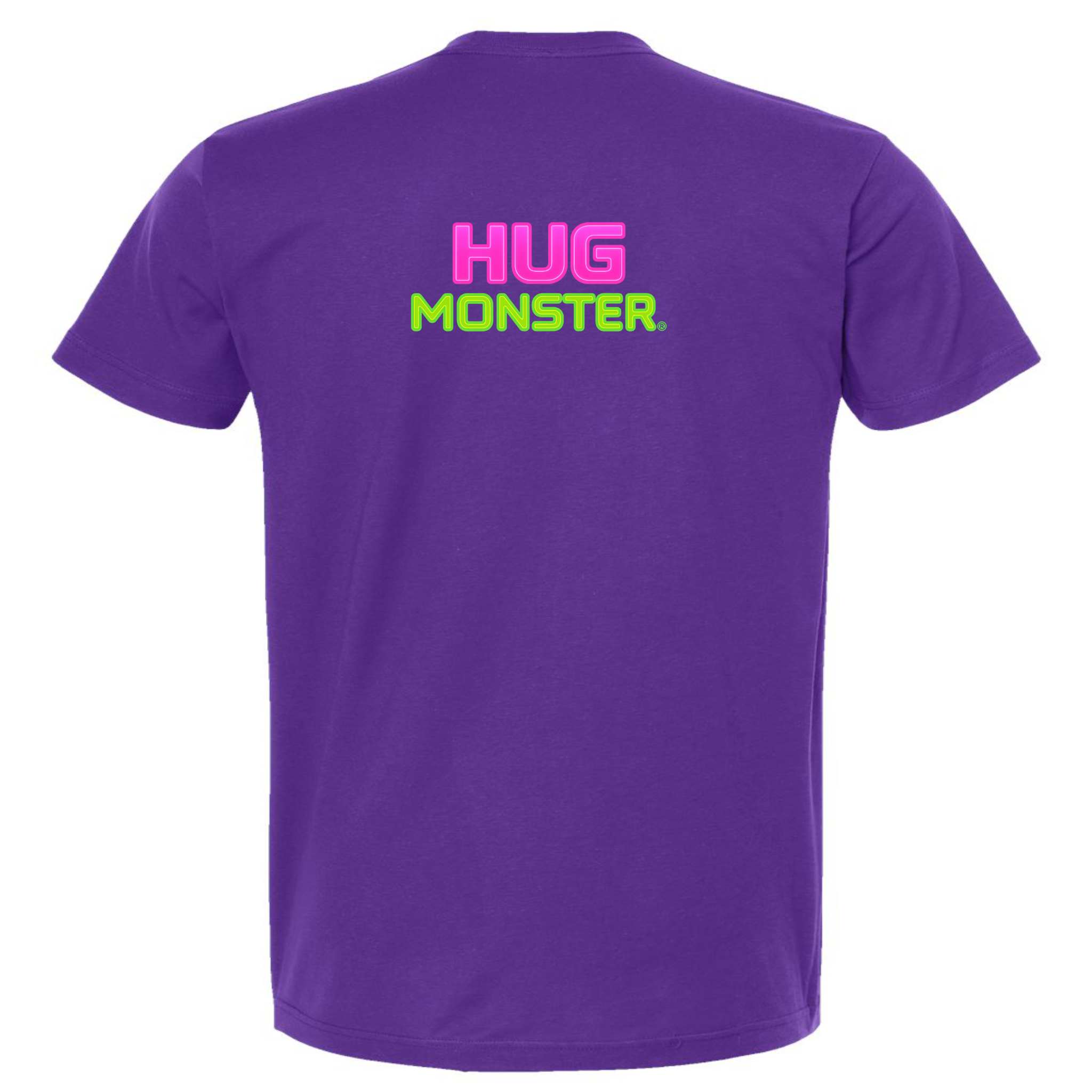 Hug Monster Neon Stacked T-Shirt - Positive Message Graphic Tee in Purple – Back View