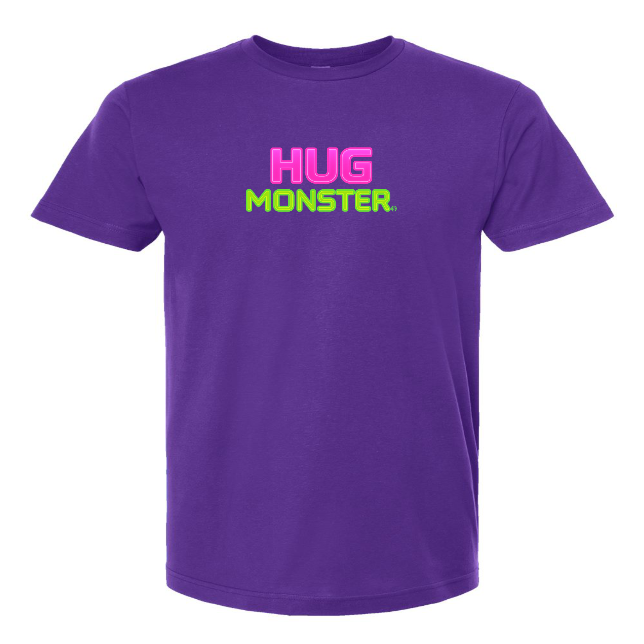 Hug Monster Neon Stacked T-Shirt - Positive Message Graphic Tee in Purple – Front View