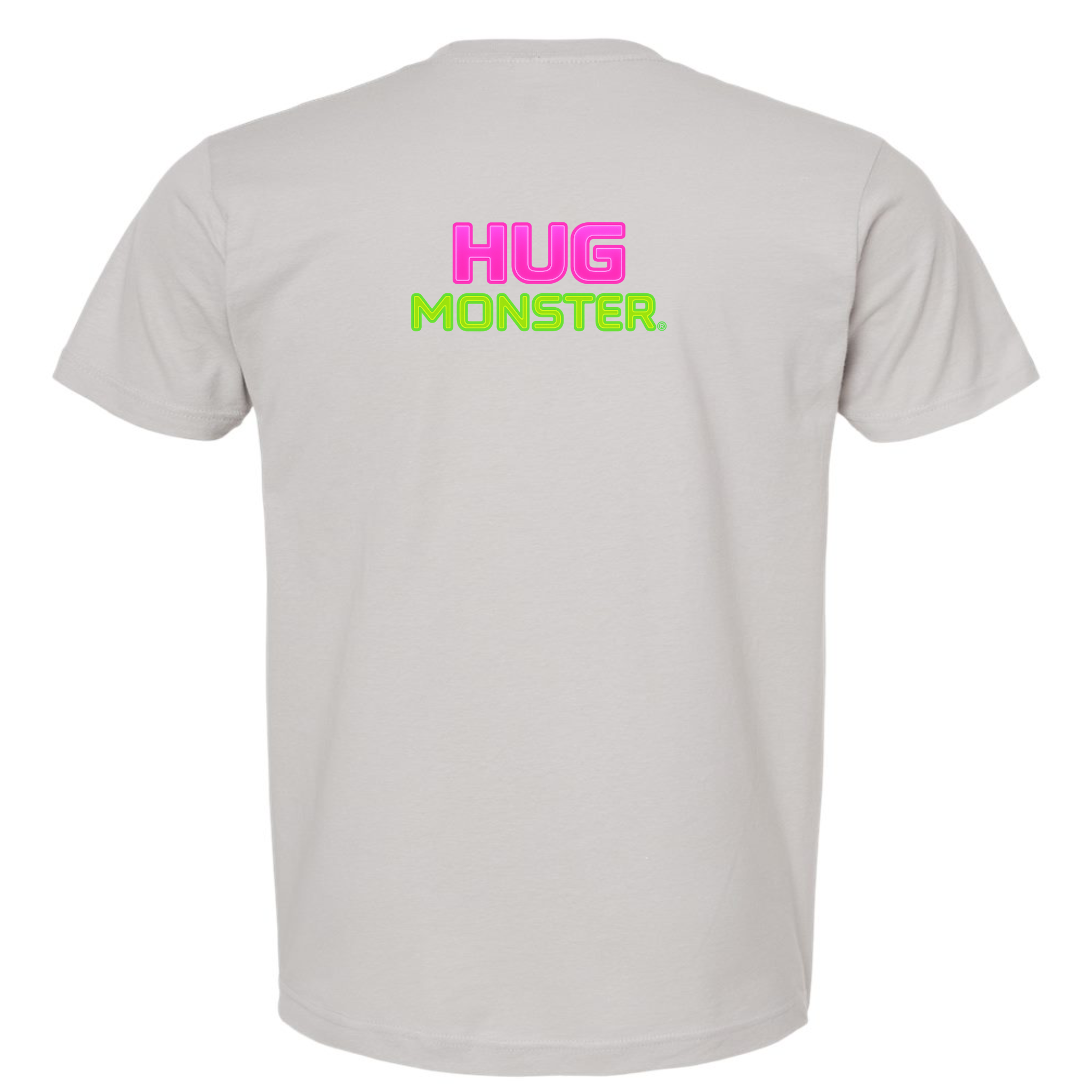 Hug Monster Neon Stacked T-Shirt - Positive Message Graphic Tee in Silver – Back View
