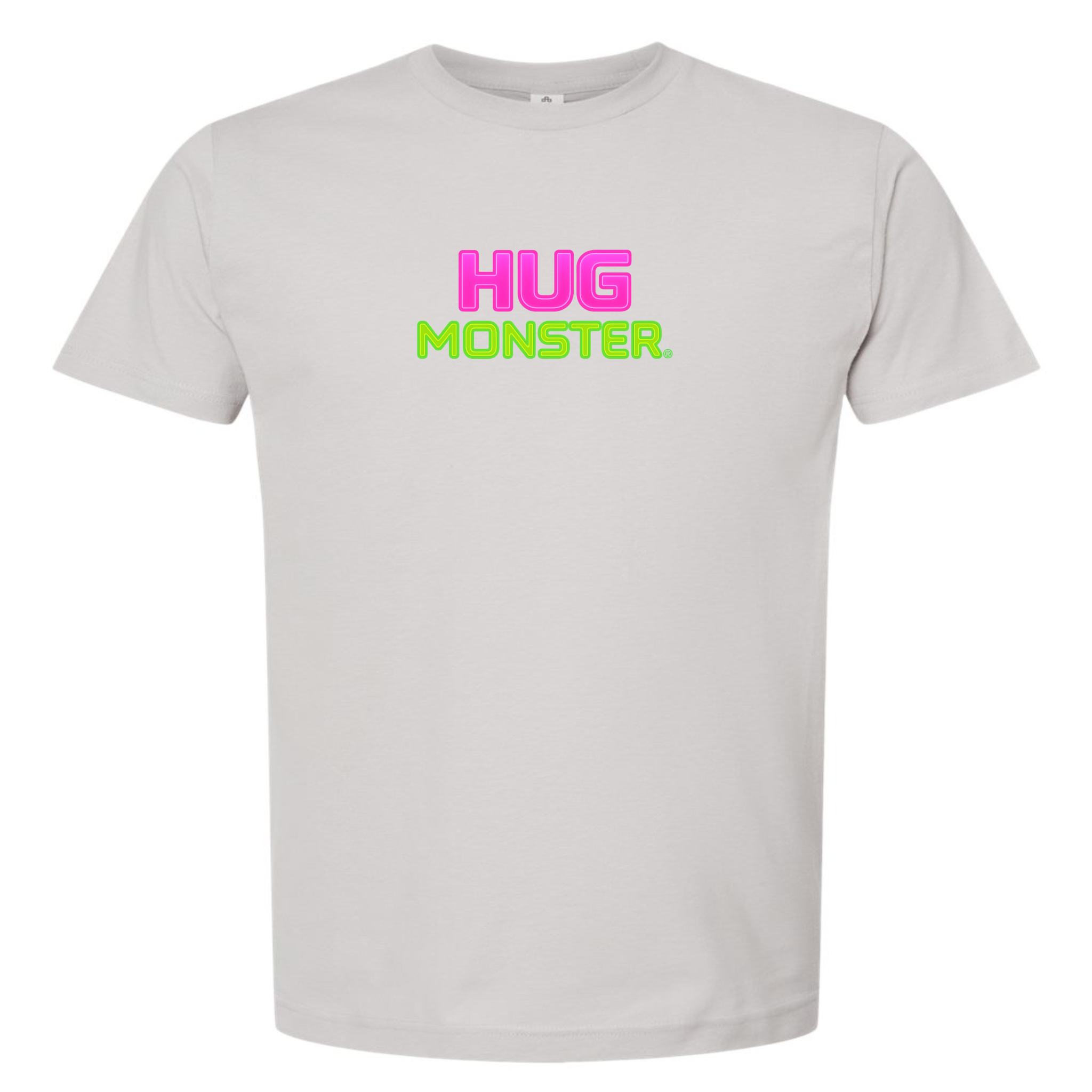 Hug Monster Neon Stacked T-Shirt - Positive Message Graphic Tee in Silver – Front View