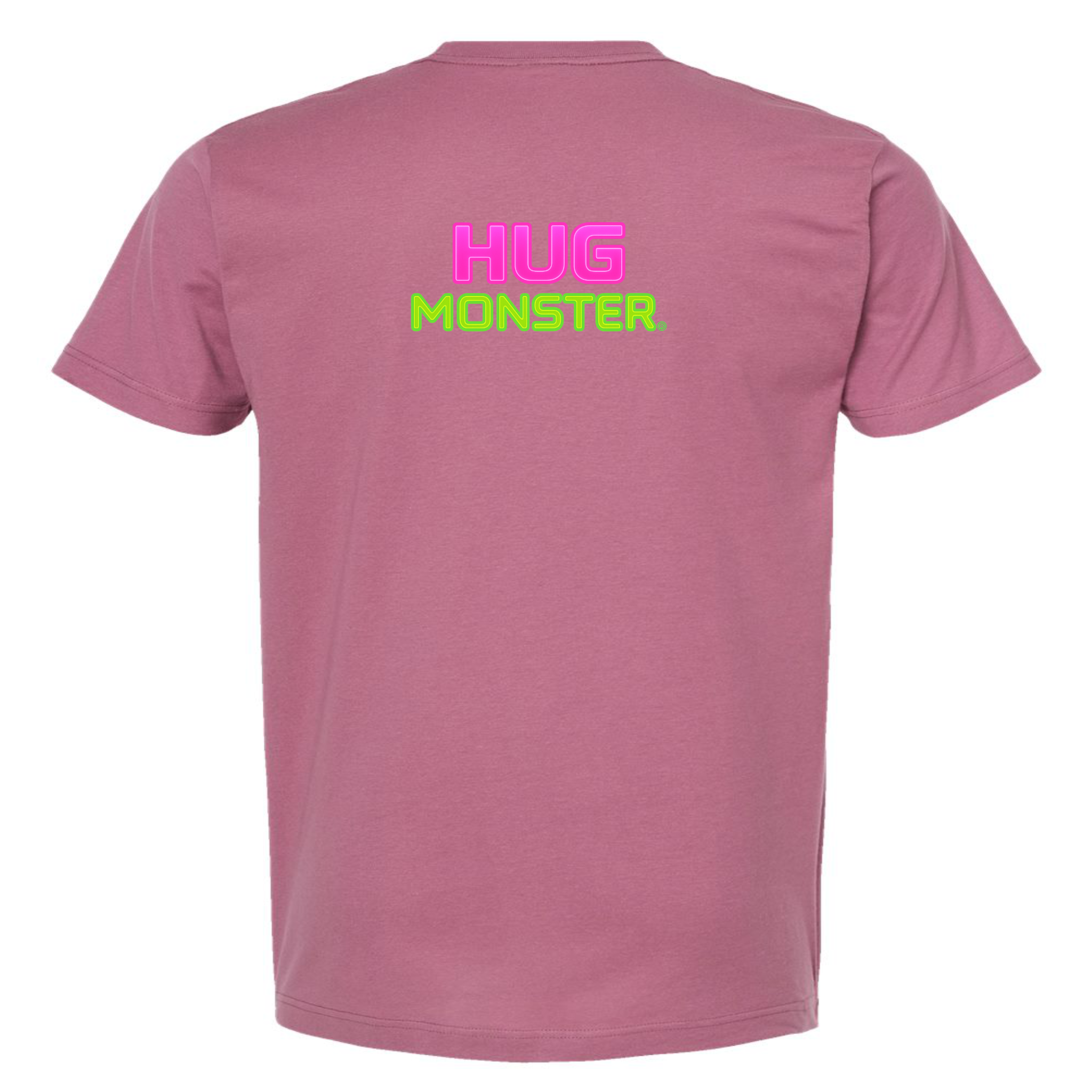 Hug Monster Neon Stacked T-Shirt - Positive Message Graphic Tee in Soft Dusty Rose Pink – Back View