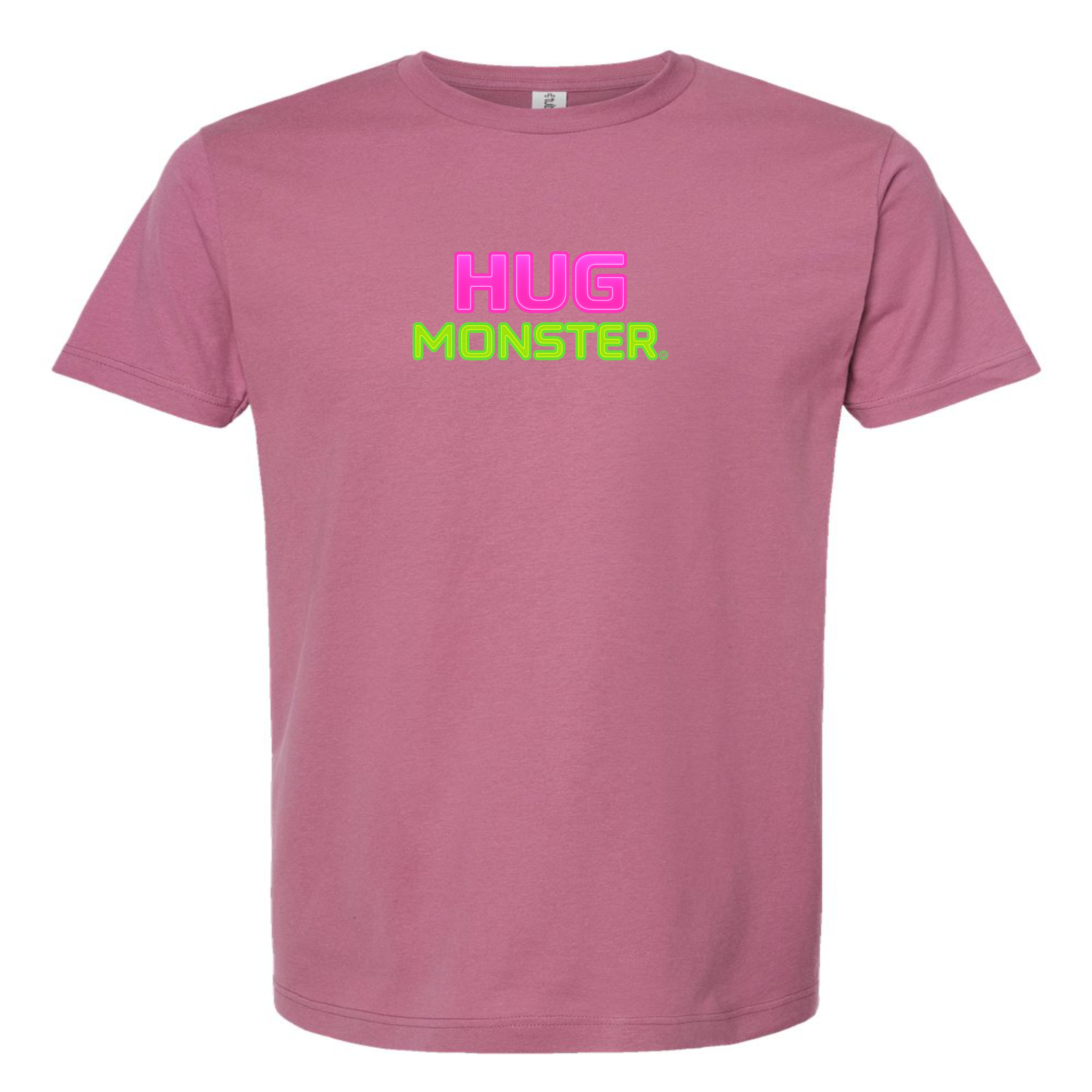 Hug Monster Neon Stacked T-Shirt - Positive Message Graphic Tee in Soft Dusty Rose Pink – Front View