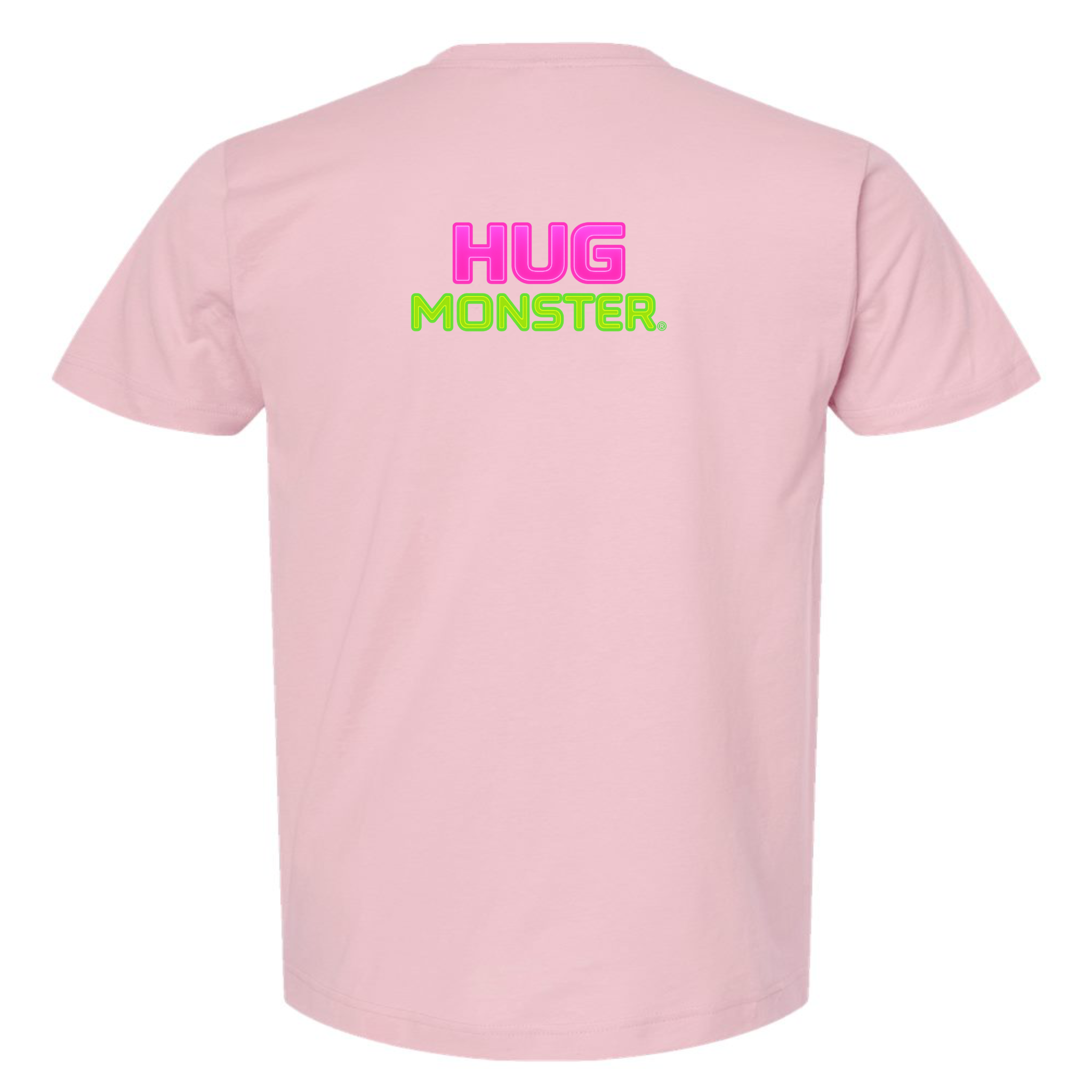 Hug Monster Neon Stacked T-Shirt - Positive Message Graphic Tee in Soft Pink – Back View