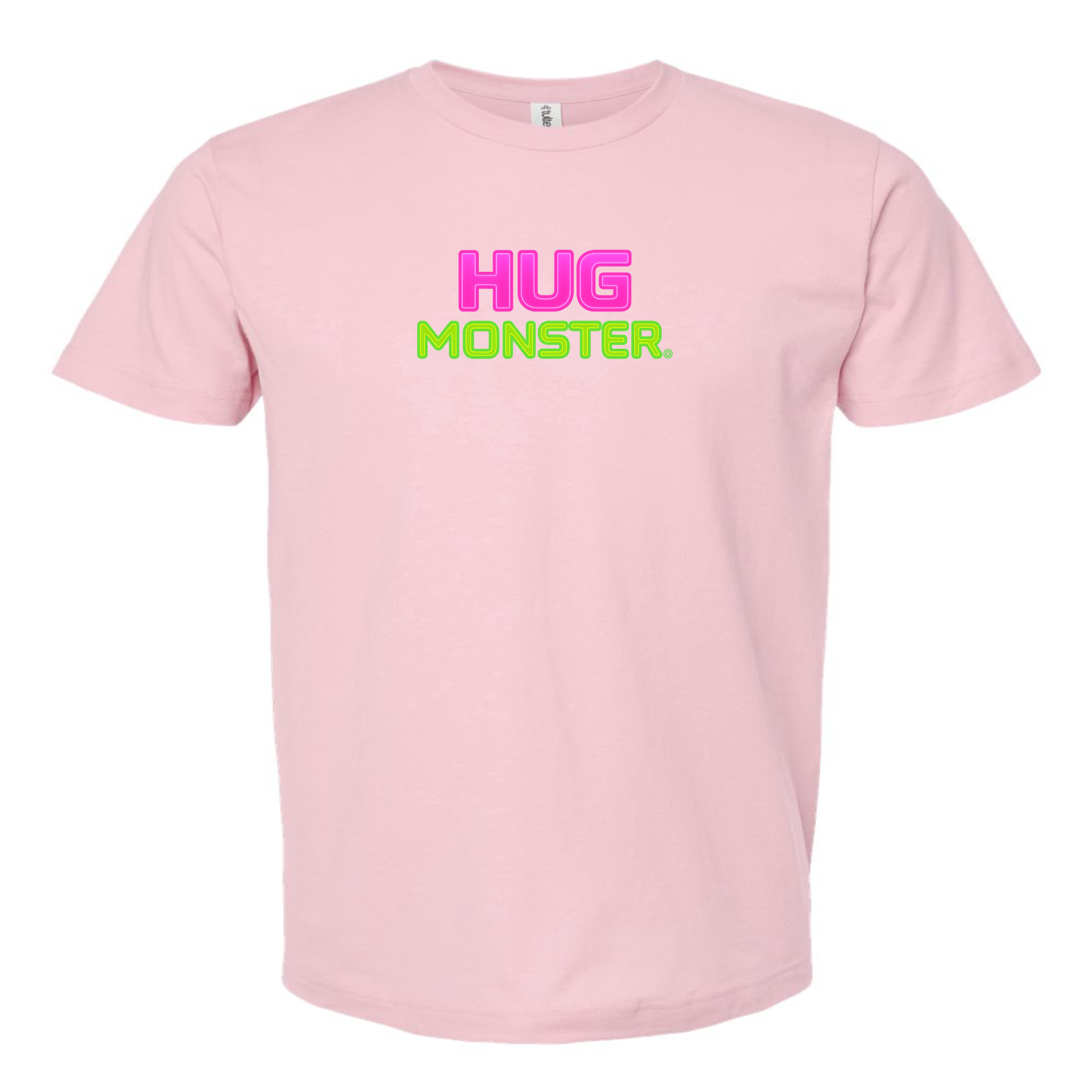 Hug Monster Neon Stacked T-Shirt - Positive Message Graphic Tee in Soft Pink – Front View
