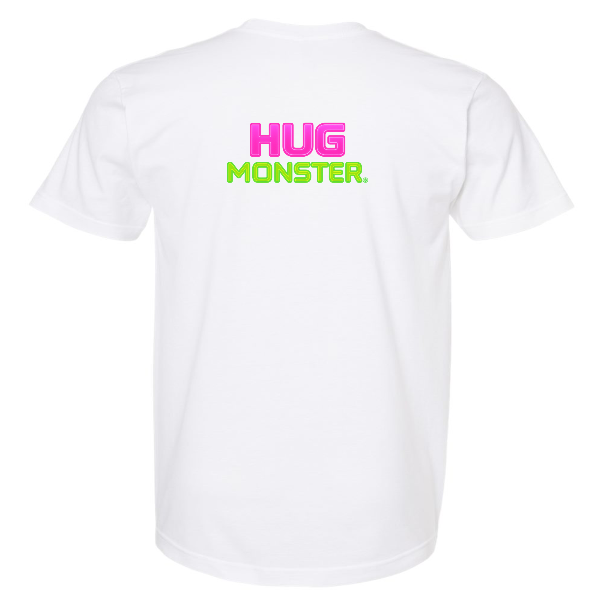 Hug Monster Neon Stacked T-Shirt - Positive Message Graphic Tee in White – Back View
