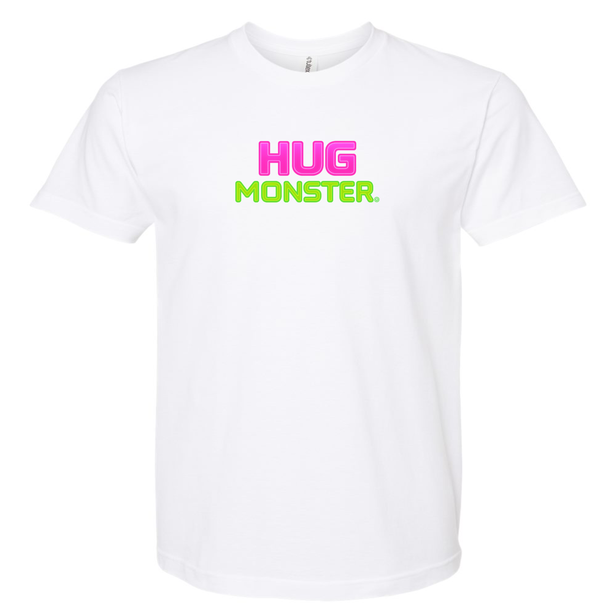 Hug Monster Neon Stacked T-Shirt - Positive Message Graphic Tee in White – Front View