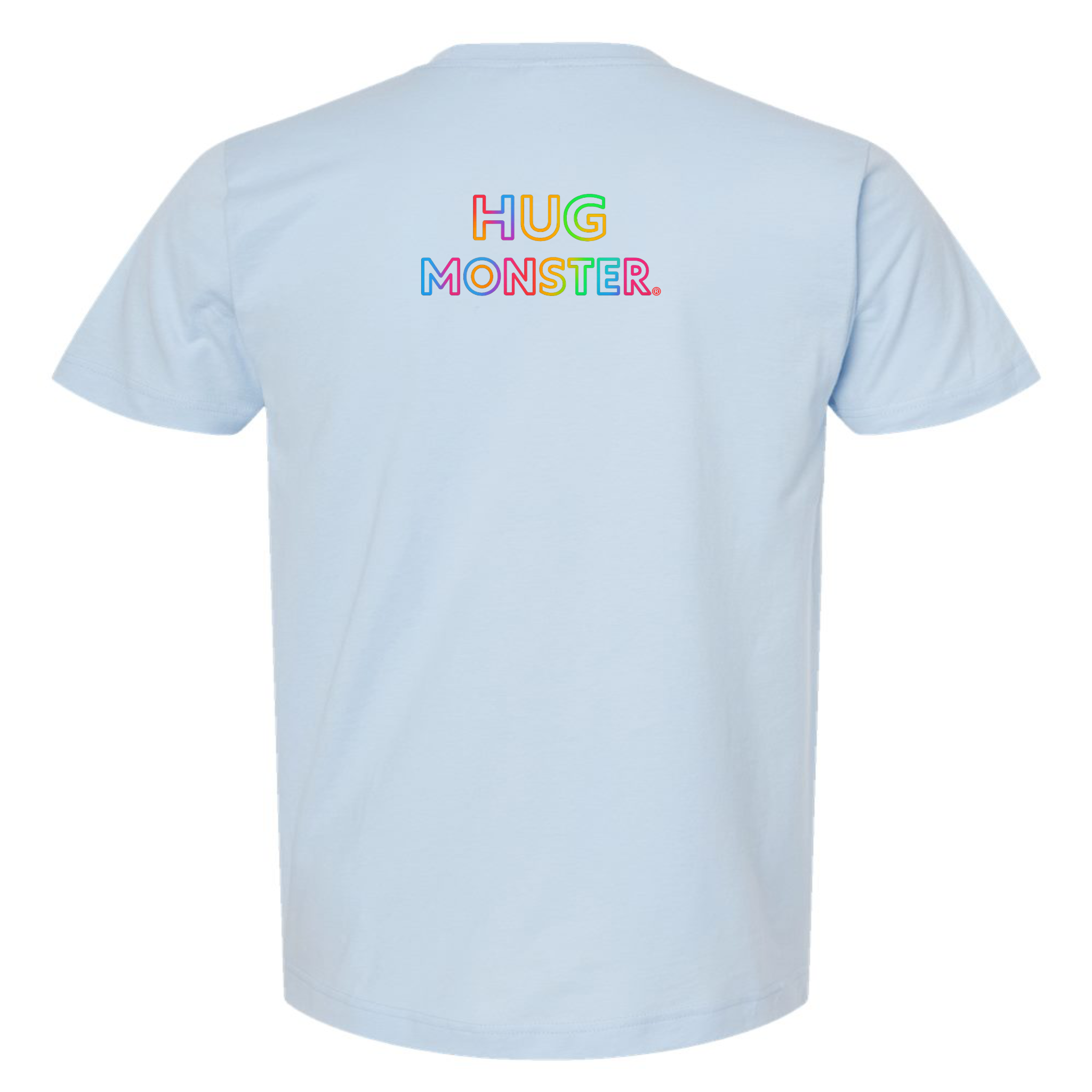 Hug Monster Original Rainbow T-Shirt - Positive Message Graphic Tee in Baby Blue – Back View
