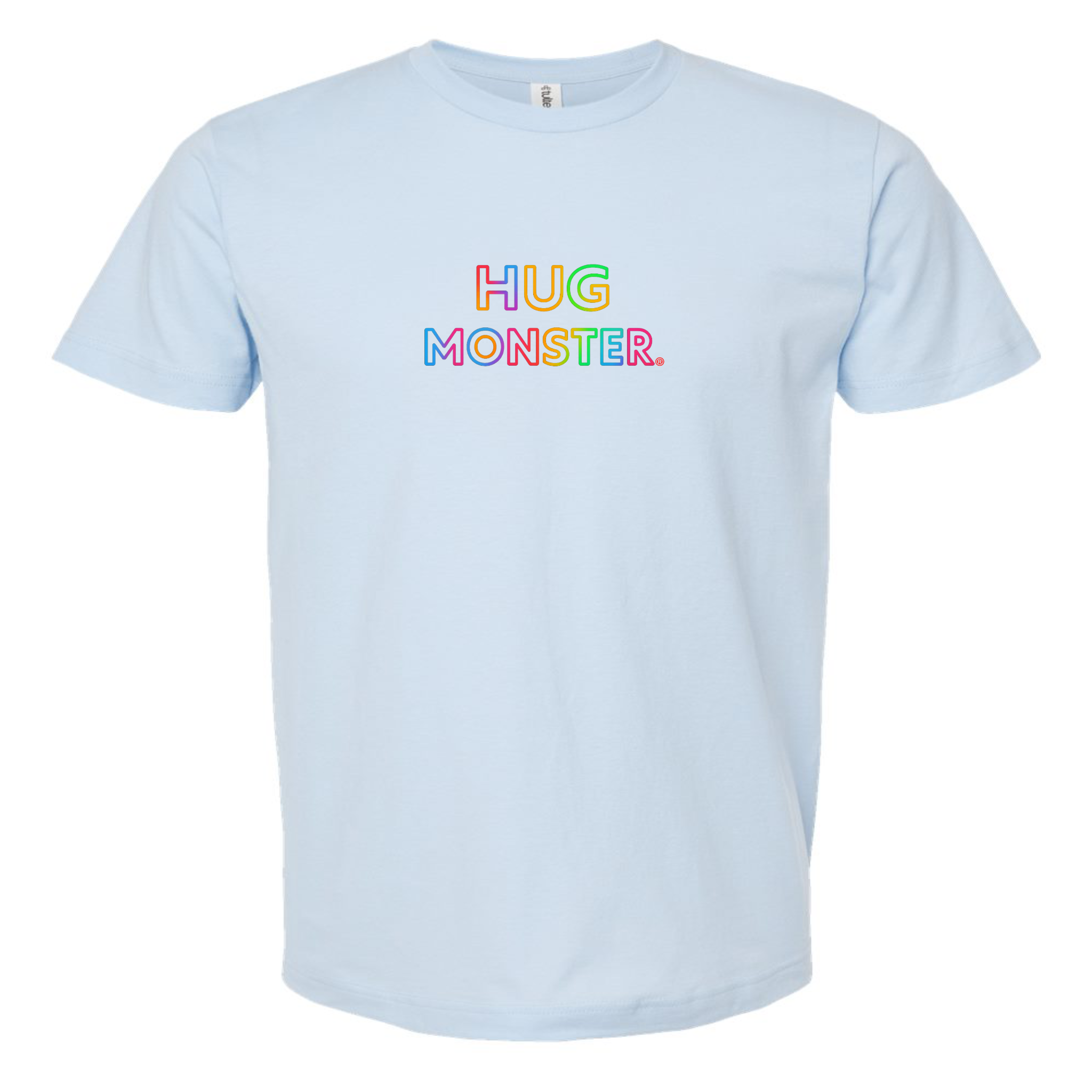 Hug Monster Original Rainbow T-Shirt - Positive Message Graphic Tee in Baby Blue – Front View