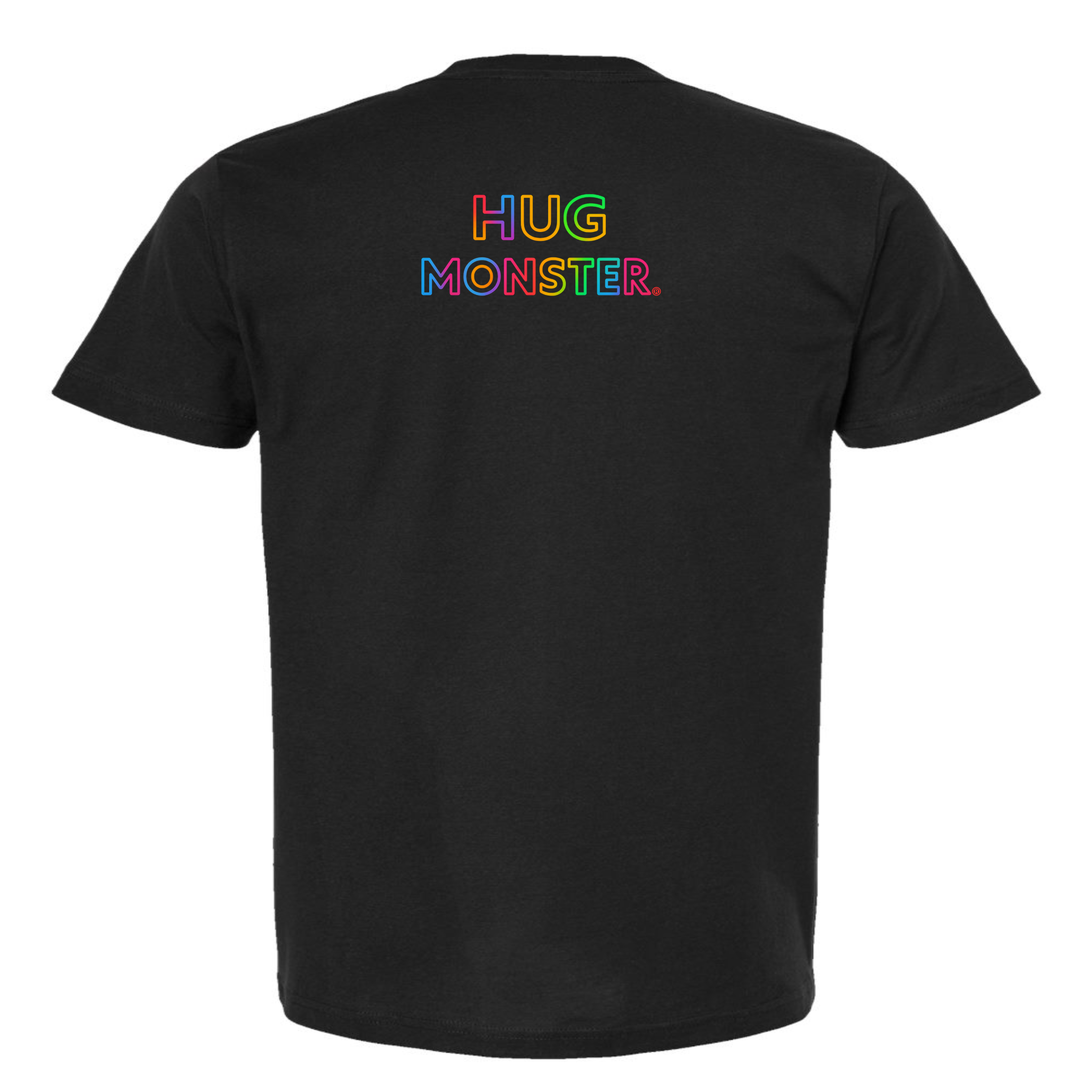 Hug Monster Original Rainbow T-Shirt - Positive Message Graphic Tee in Black – Back View
