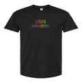 Hug Monster Original Rainbow T-Shirt - Positive Message Graphic Tee in Black – Front View