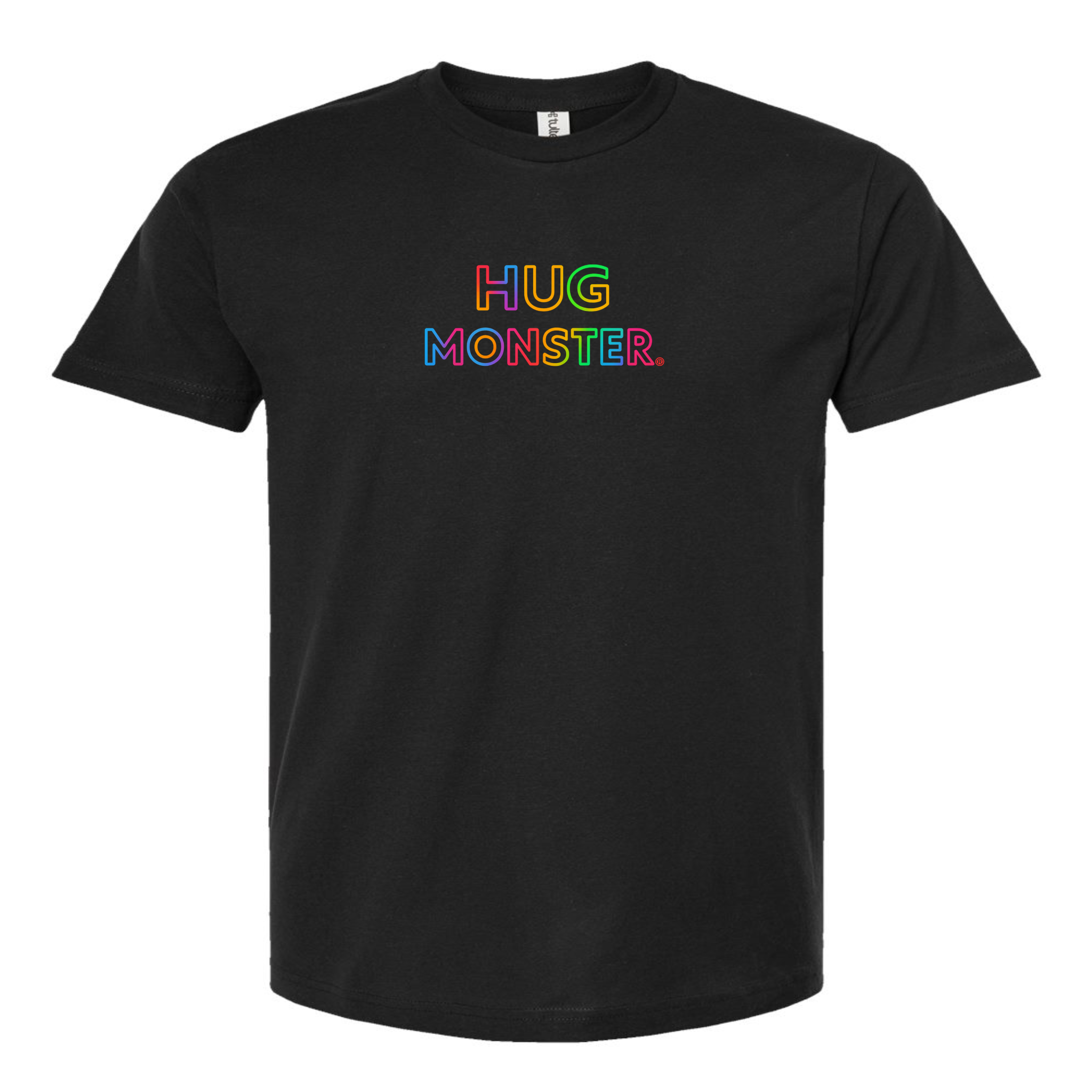 Hug Monster Original Rainbow T-Shirt - Positive Message Graphic Tee in Black – Front View