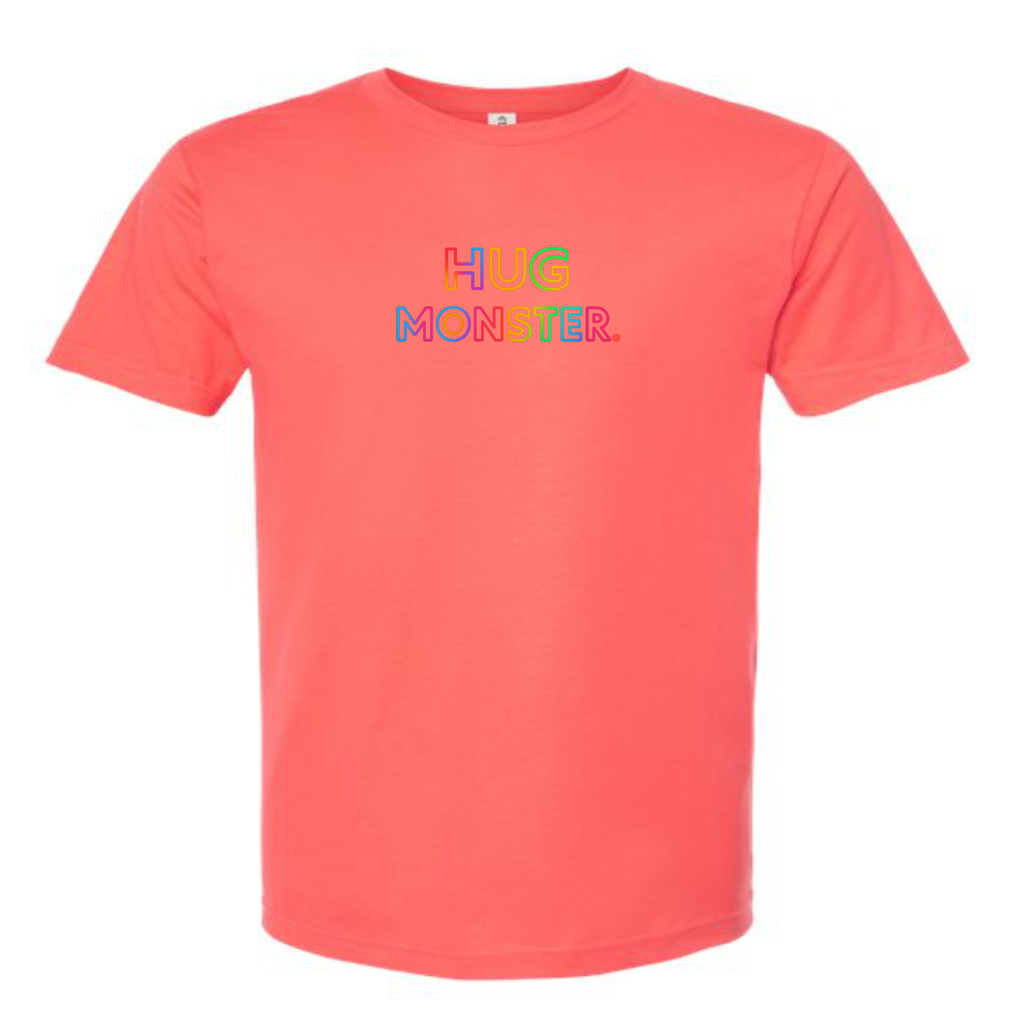 Hug Monster Original Rainbow T-Shirt - Positive Message Graphic Tee in Bright Coral – Front View