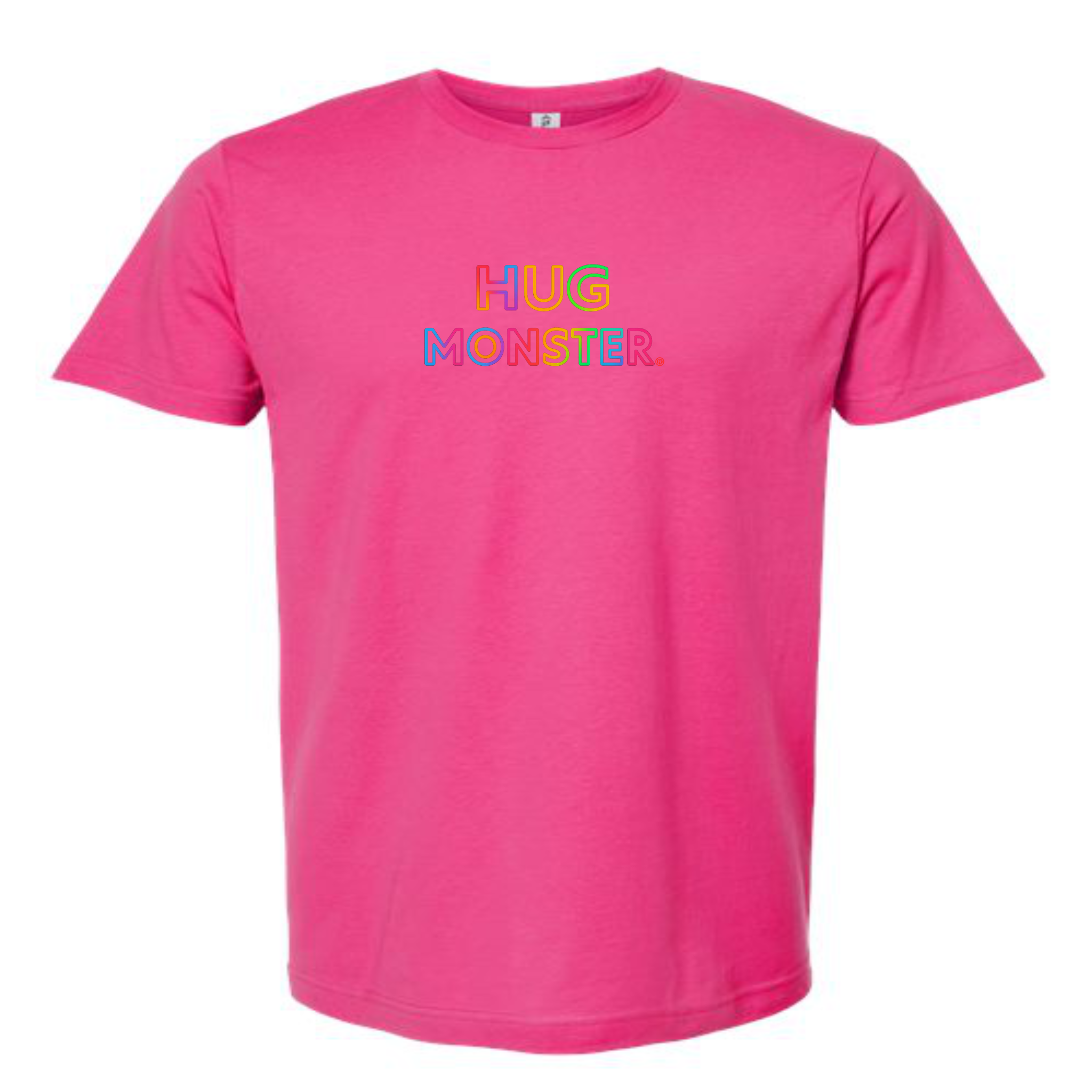 Hug Monster Original Rainbow T-Shirt - Positive Message Graphic Tee in Bright Fuscia – Front View