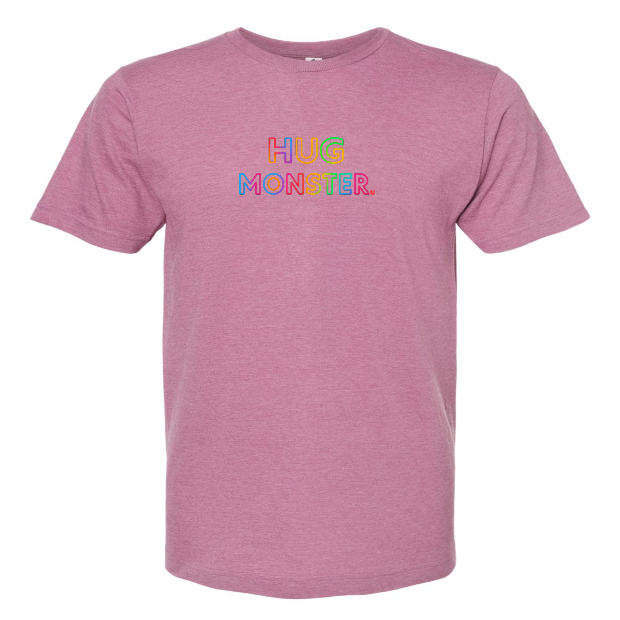 Hug Monster Original Rainbow T-Shirt - Positive Message Graphic Tee in Heather Dusty Rose Pink – Front View