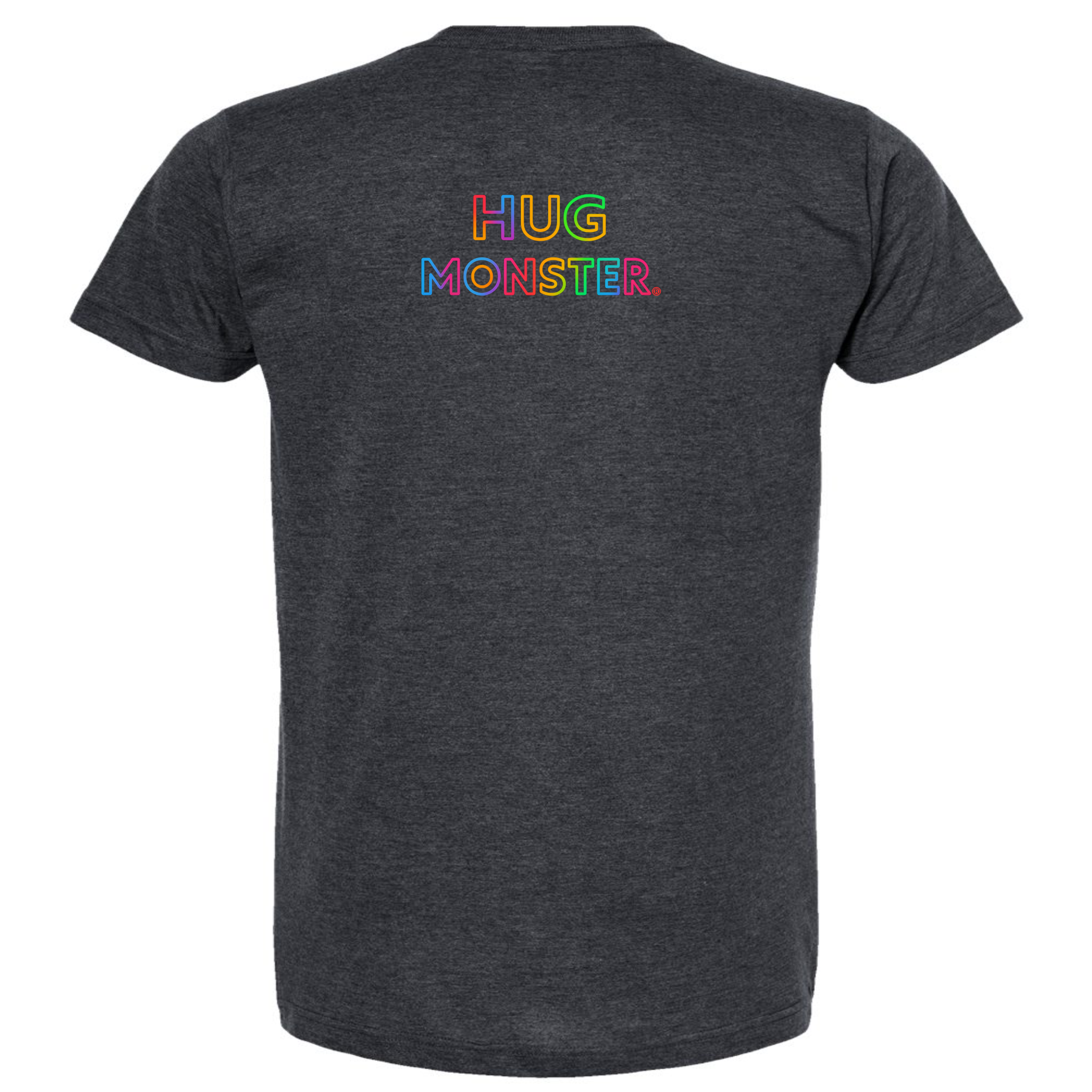 Hug Monster Original Rainbow T-Shirt - Positive Message Graphic Tee in Heather Graphite – Back View