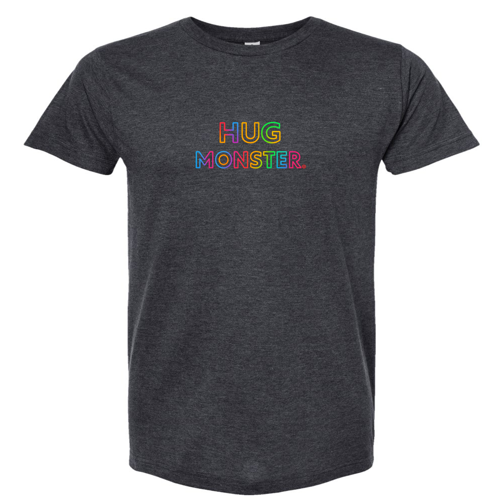 Hug Monster Original Rainbow T-Shirt - Positive Message Graphic Tee in Heather Graphite – Front View