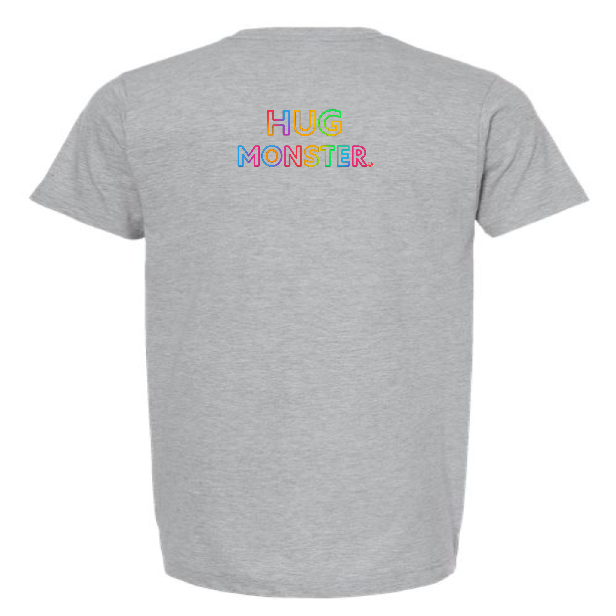 Hug Monster Original Rainbow T-Shirt - Positive Message Graphic Tee in Heather Grey – Back View