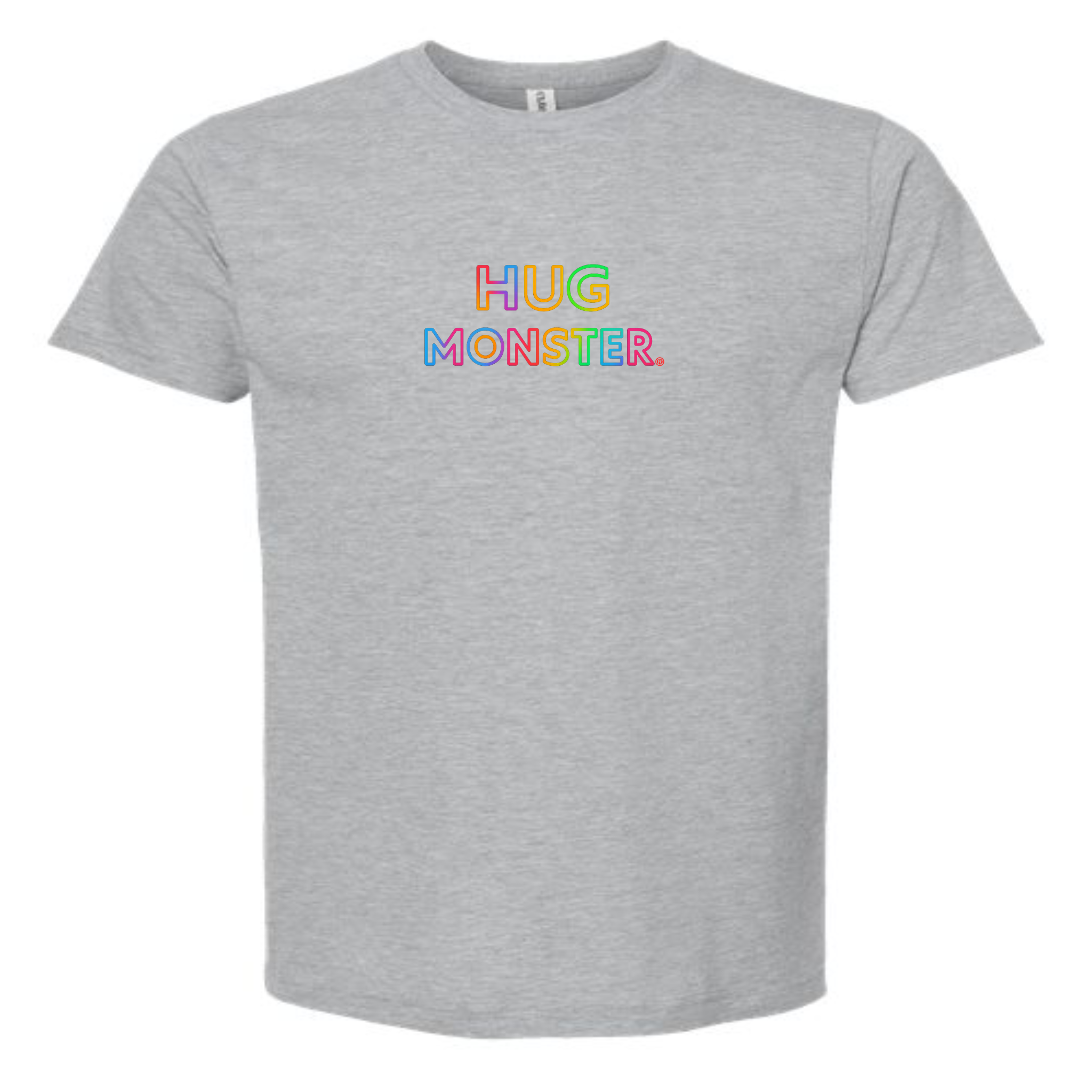 Hug Monster Original Rainbow T-Shirt - Positive Message Graphic Tee in Heather Grey – Front View