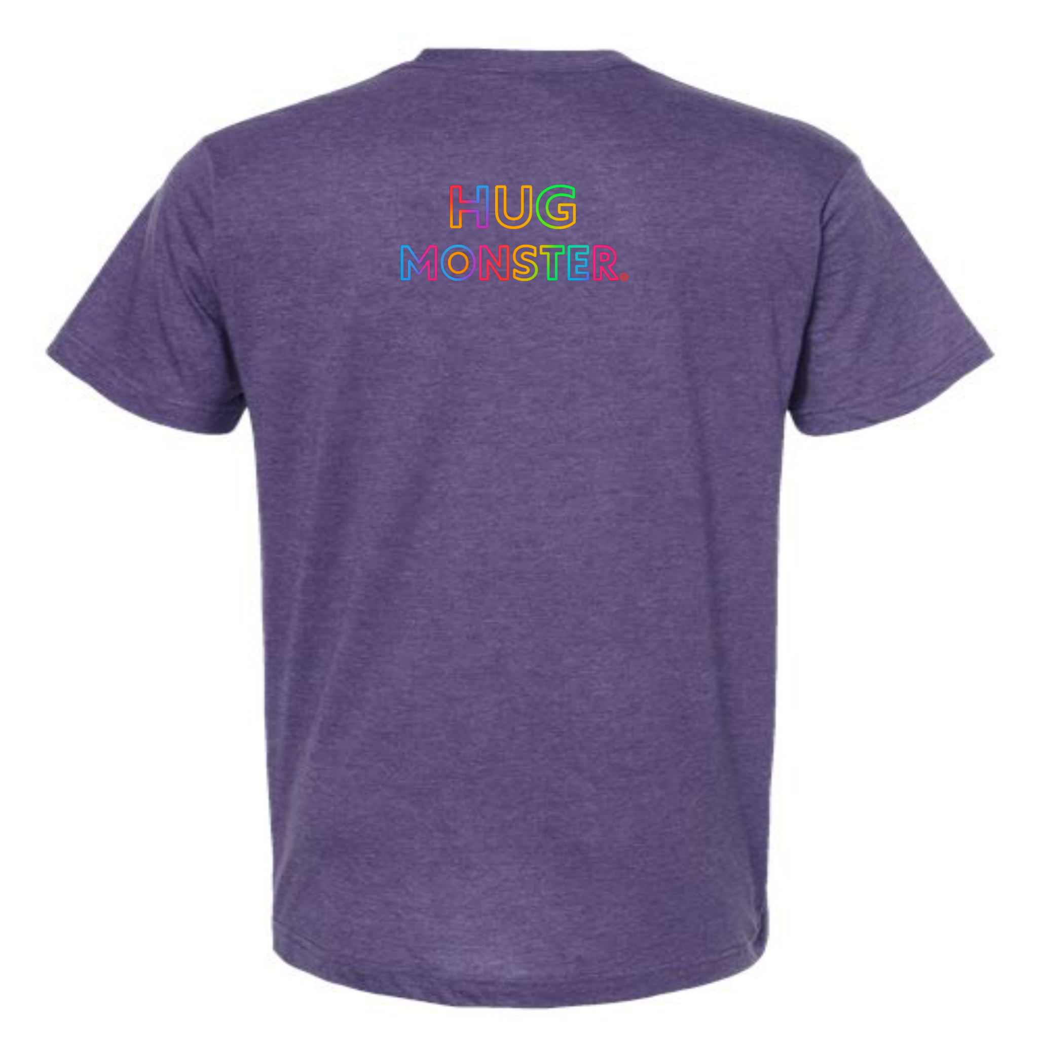 Hug Monster Original Rainbow T-Shirt - Positive Message Graphic Tee in Heather Purple – Back View