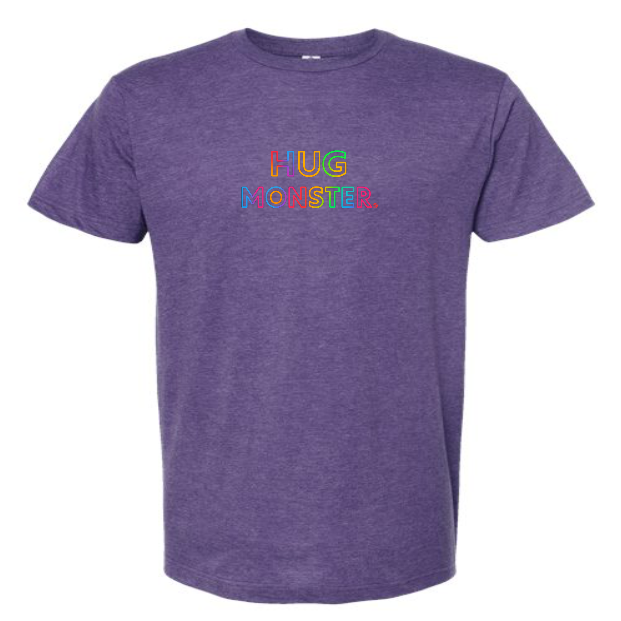 Hug Monster Original Rainbow T-Shirt - Positive Message Graphic Tee in Heather Purple – Front View