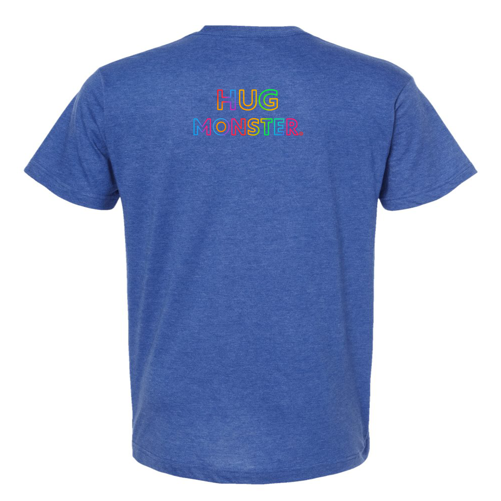 Hug Monster Original Rainbow T-Shirt - Positive Message Graphic Tee in Heather Royal Blue – Back View