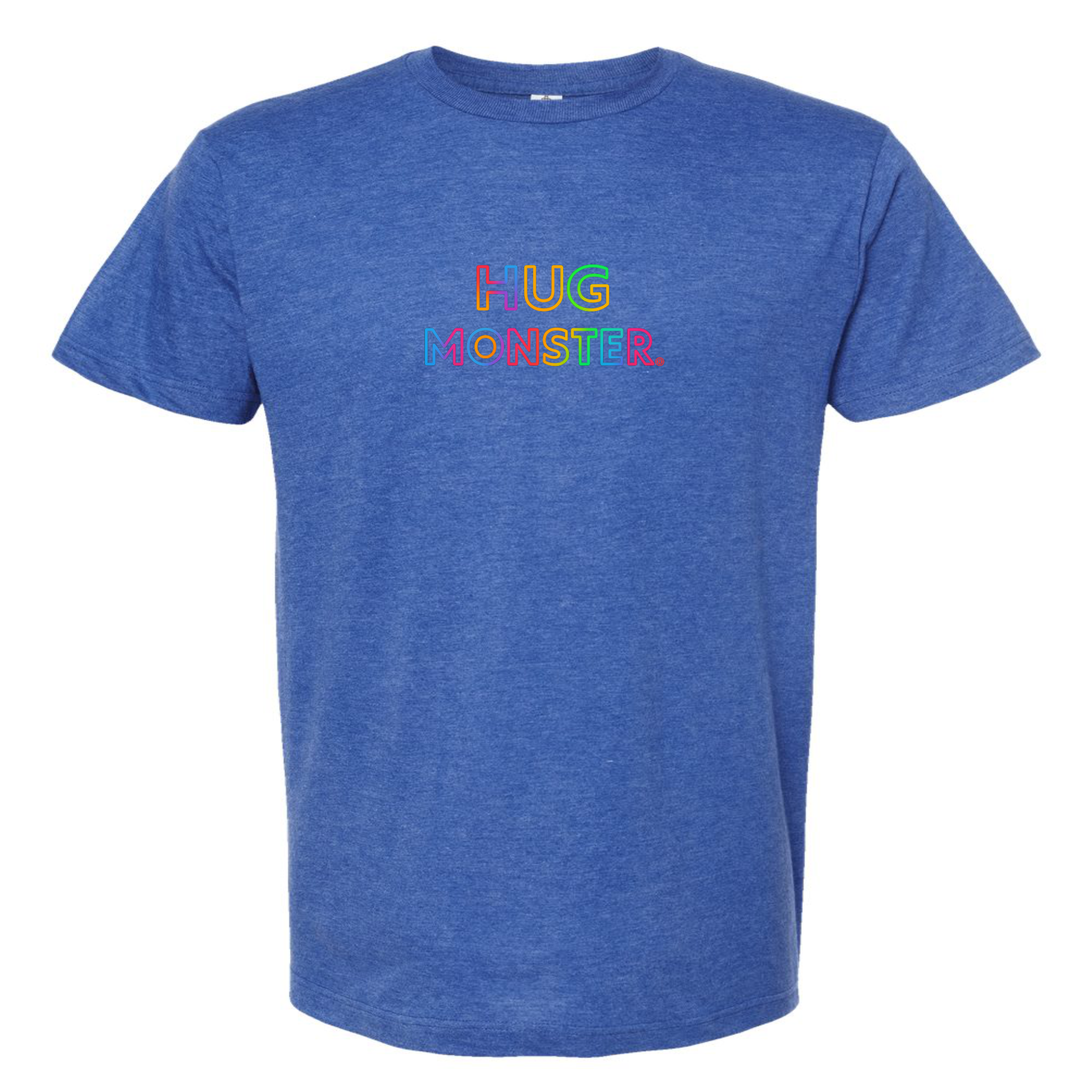 Hug Monster Original Rainbow T-Shirt - Positive Message Graphic Tee in Heather Royal Blue – Front View