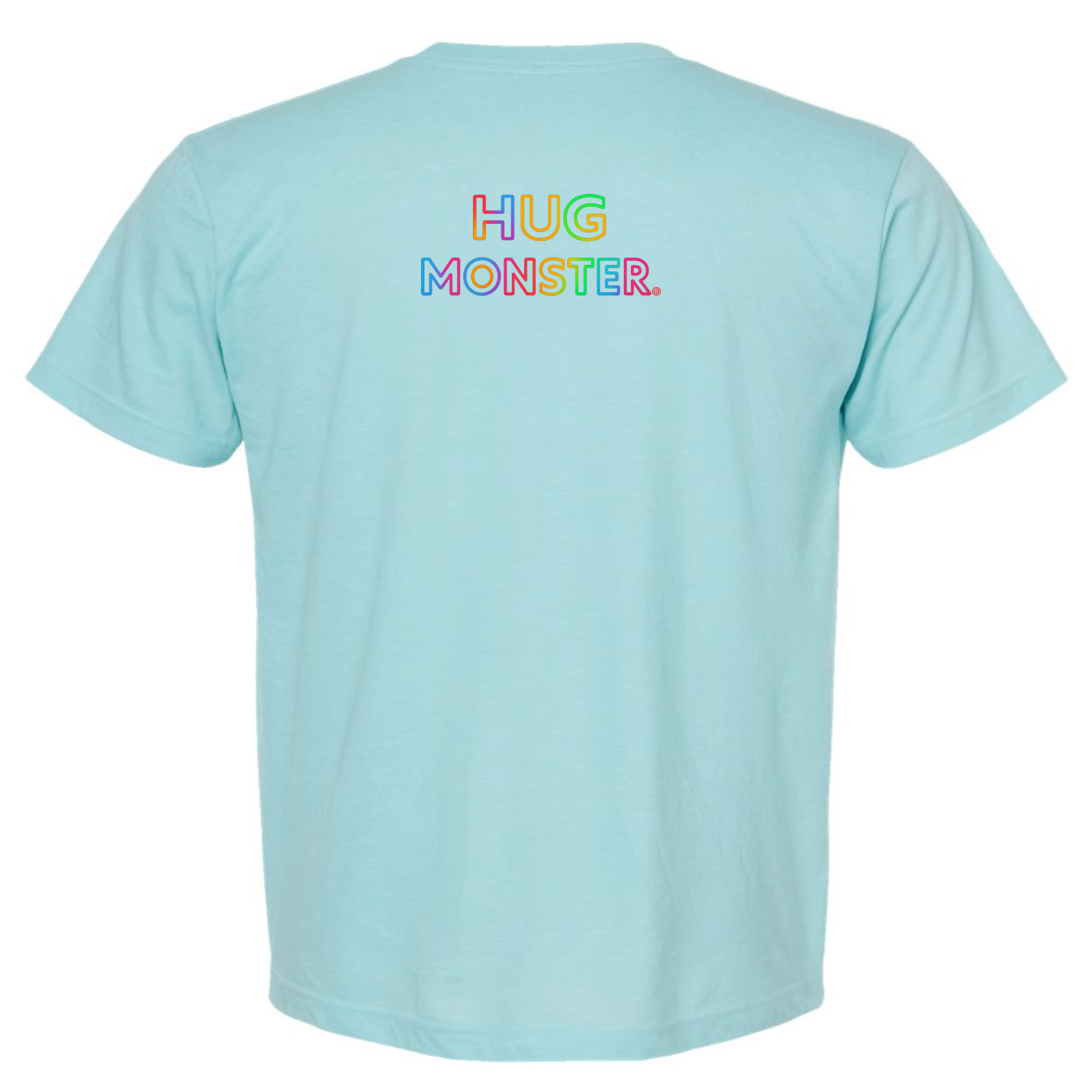 Hug Monster Original Rainbow T-Shirt - Positive Message Graphic Tee in Heather Turquoise – Back View