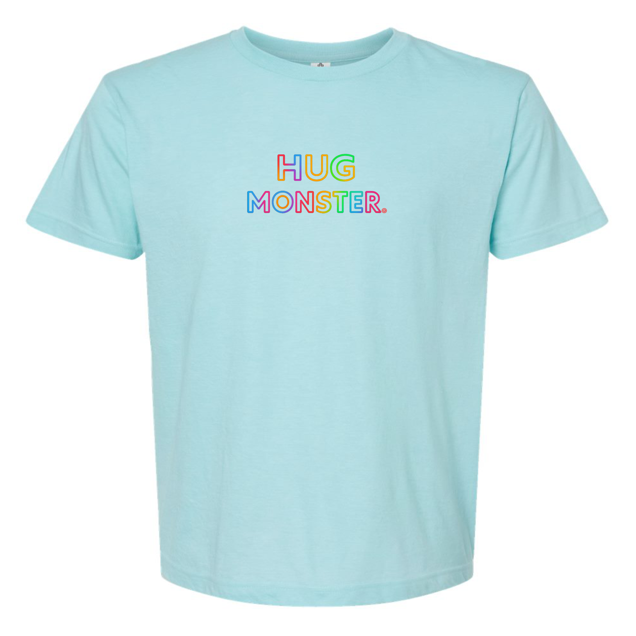 Hug Monster Original Rainbow T-Shirt - Positive Message Graphic Tee in Heather Turquoise – Front View
