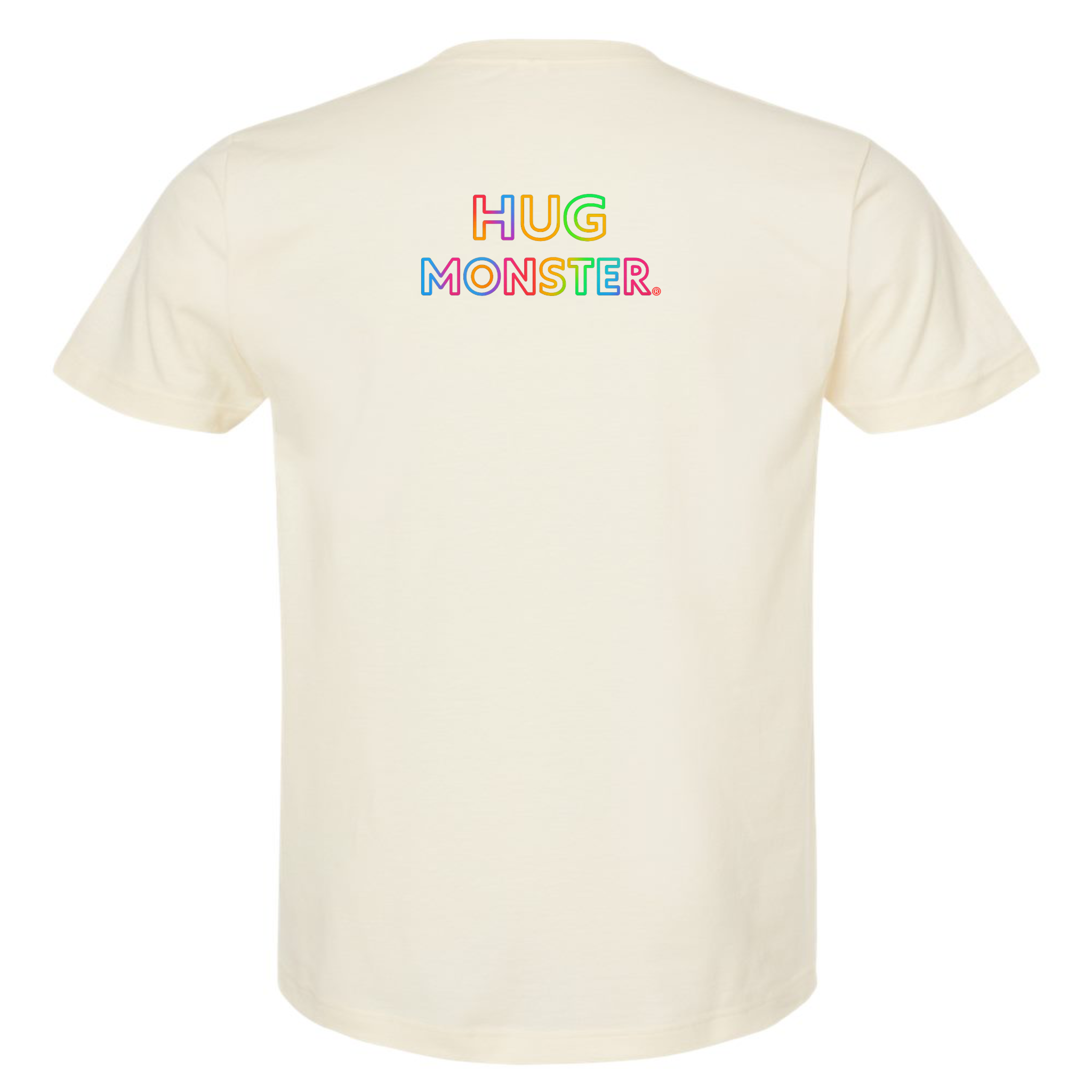 Hug Monster Original Rainbow T-Shirt - Positive Message Graphic Tee in Natural – Back View