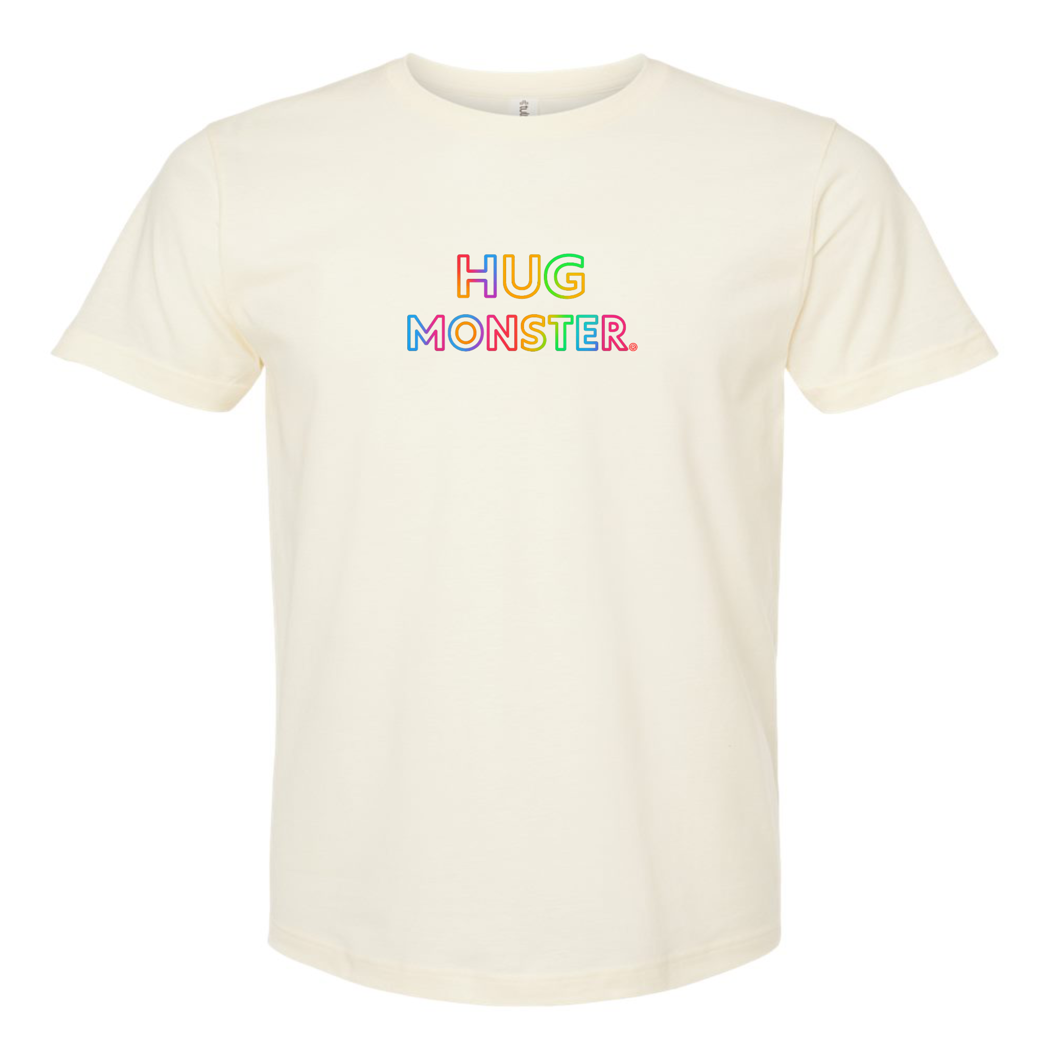 Hug Monster Original Rainbow T-Shirt - Positive Message Graphic Tee in Natural – Front View