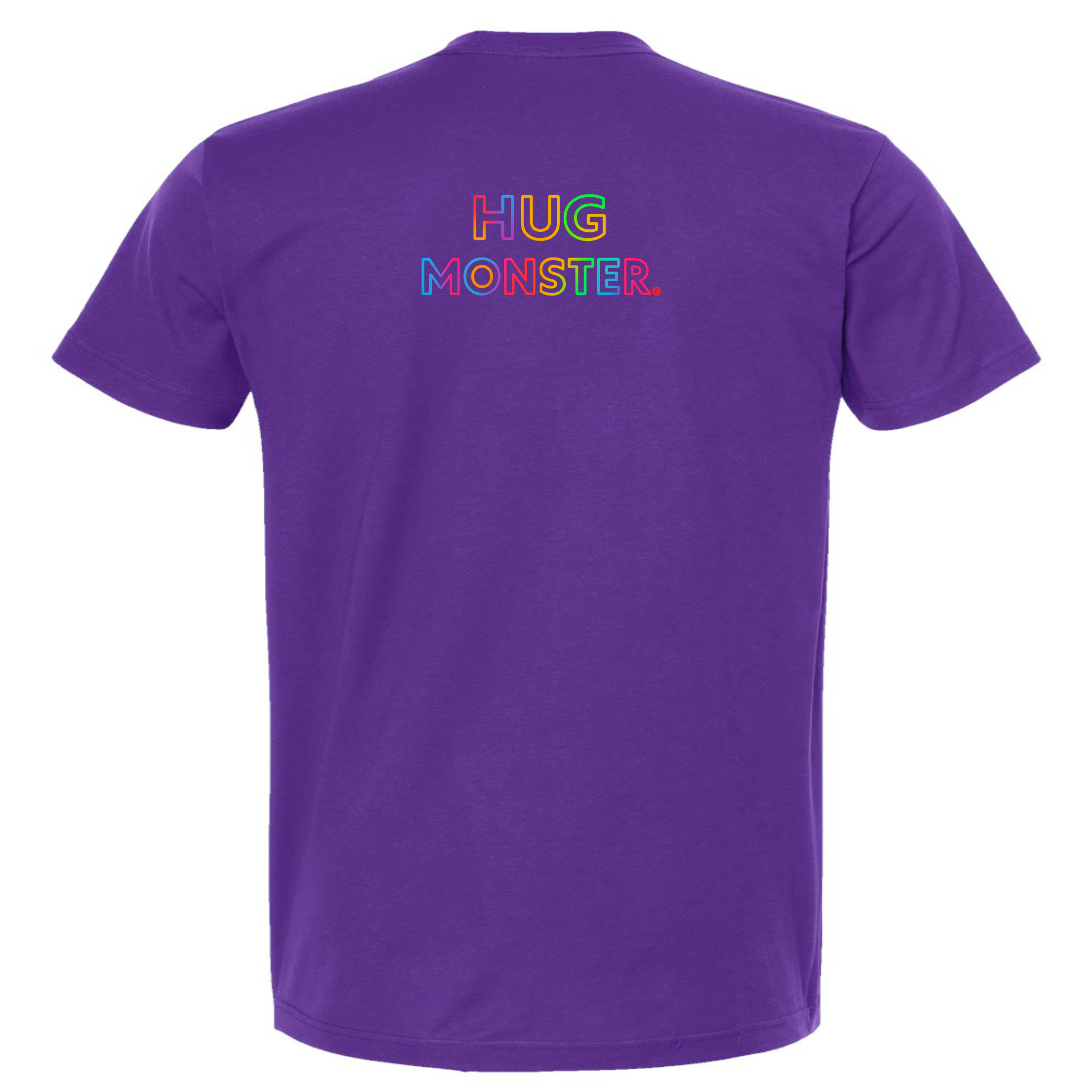 Hug Monster Original Rainbow T-Shirt - Positive Message Graphic Tee in Purple – Back View