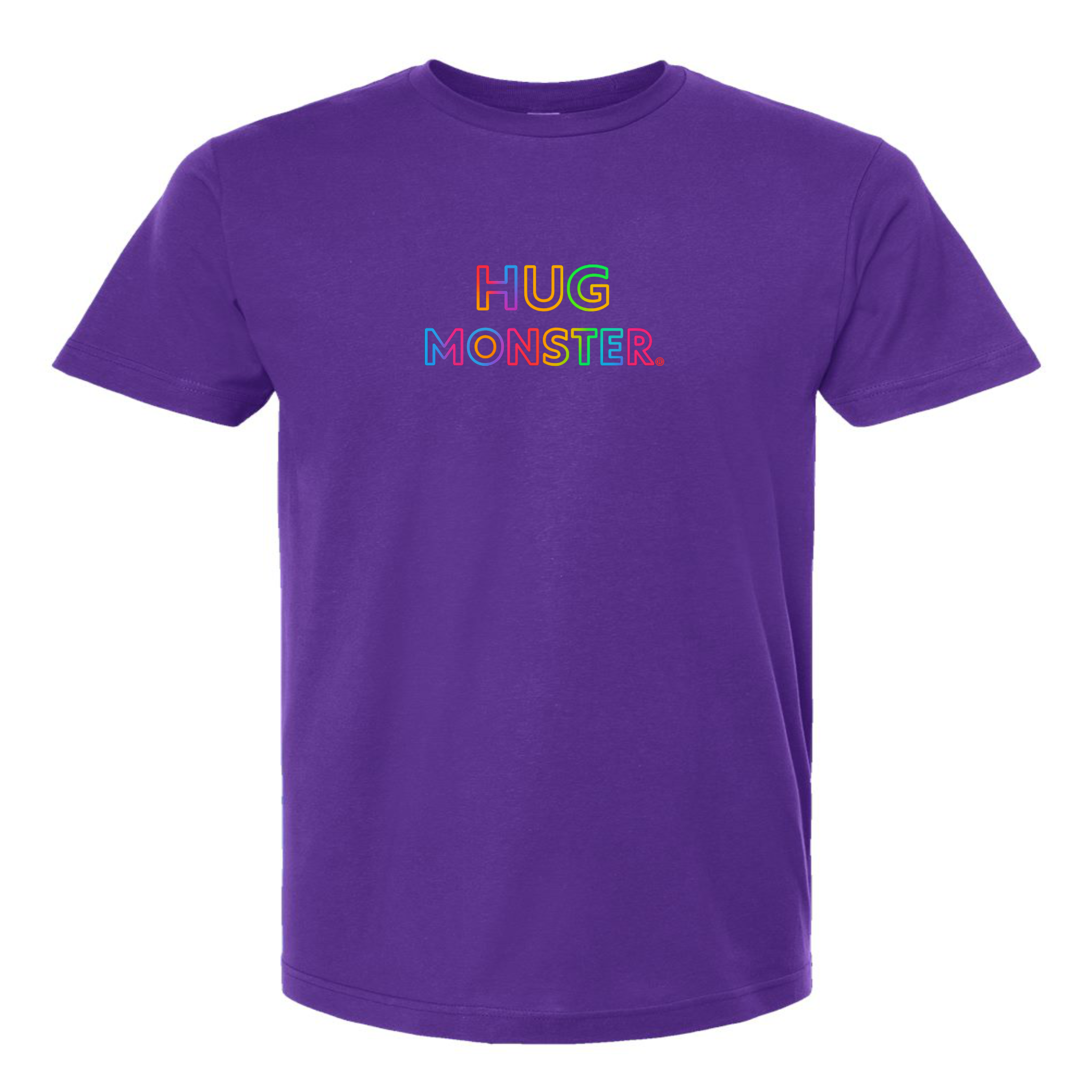 Hug Monster Original Rainbow T-Shirt - Positive Message Graphic Tee in Purple – Front View