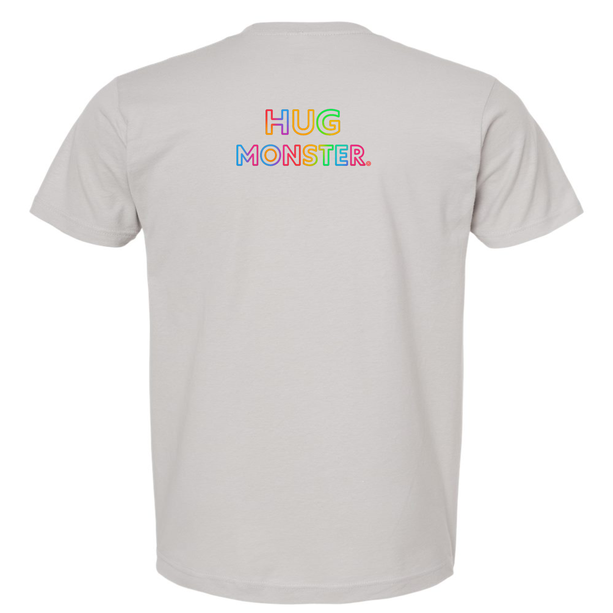 Hug Monster Original Rainbow T-Shirt - Positive Message Graphic Tee in Silver – Back View