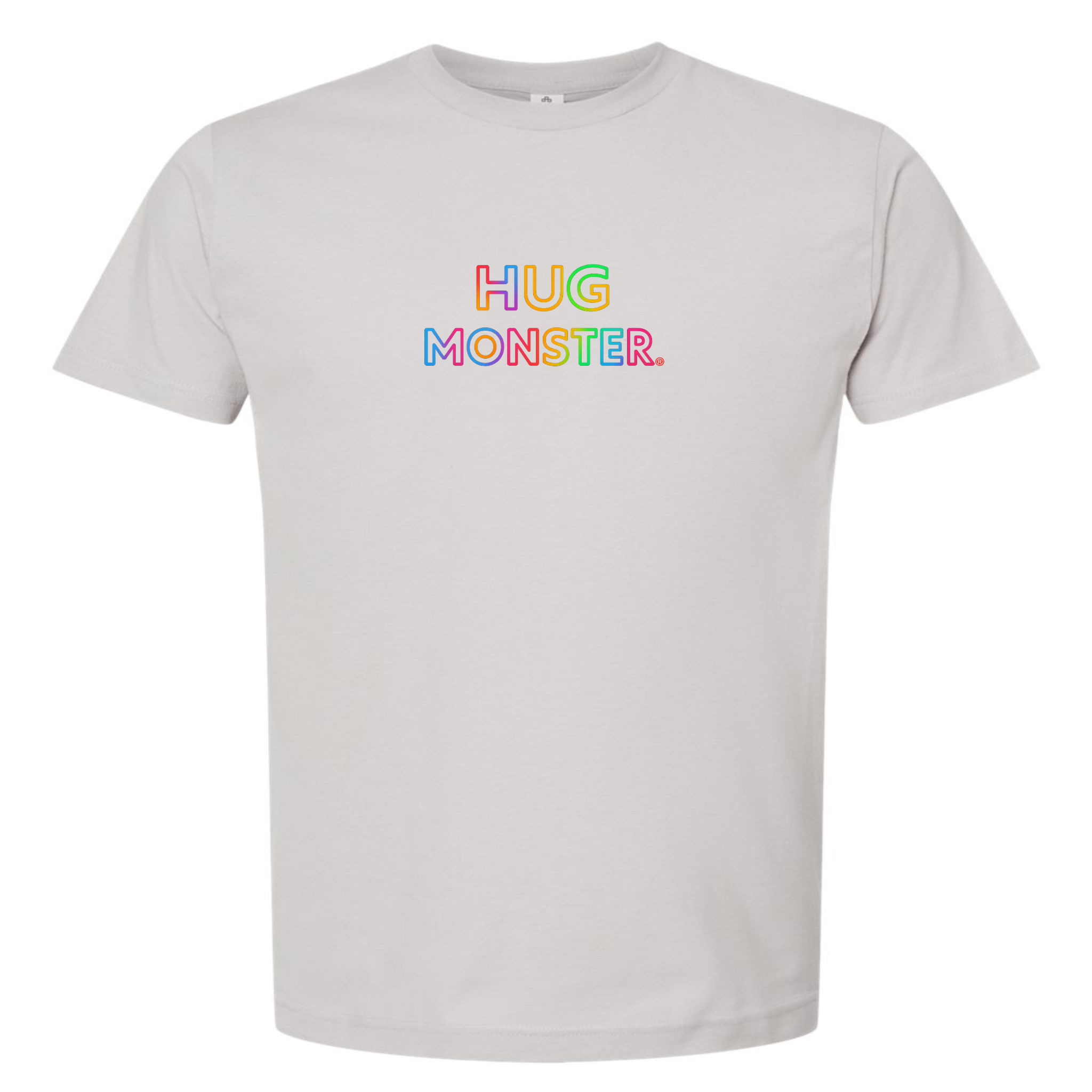 Hug Monster Original Rainbow T-Shirt - Positive Message Graphic Tee in Silver – Front View