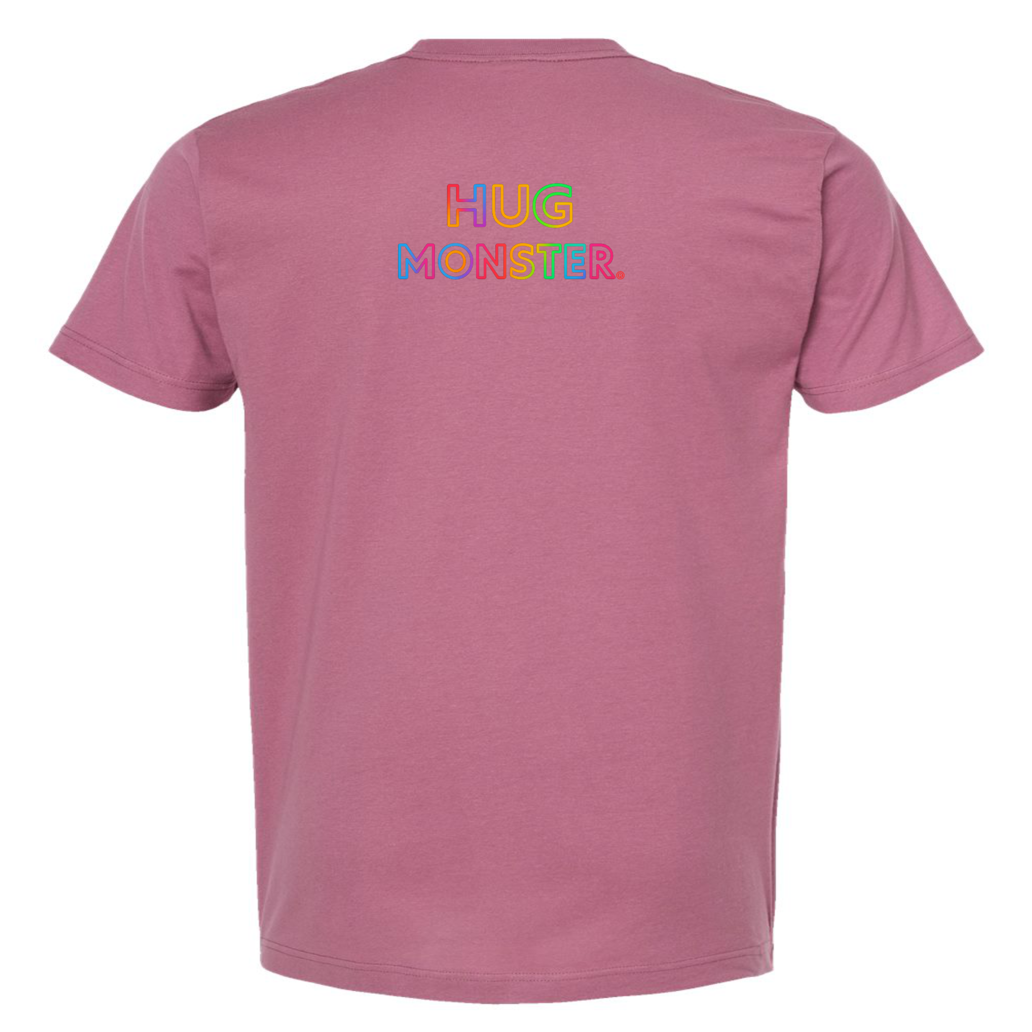 Hug Monster Original Rainbow T-Shirt - Positive Message Graphic Tee in Soft Dusty Rose Pink – Back View
