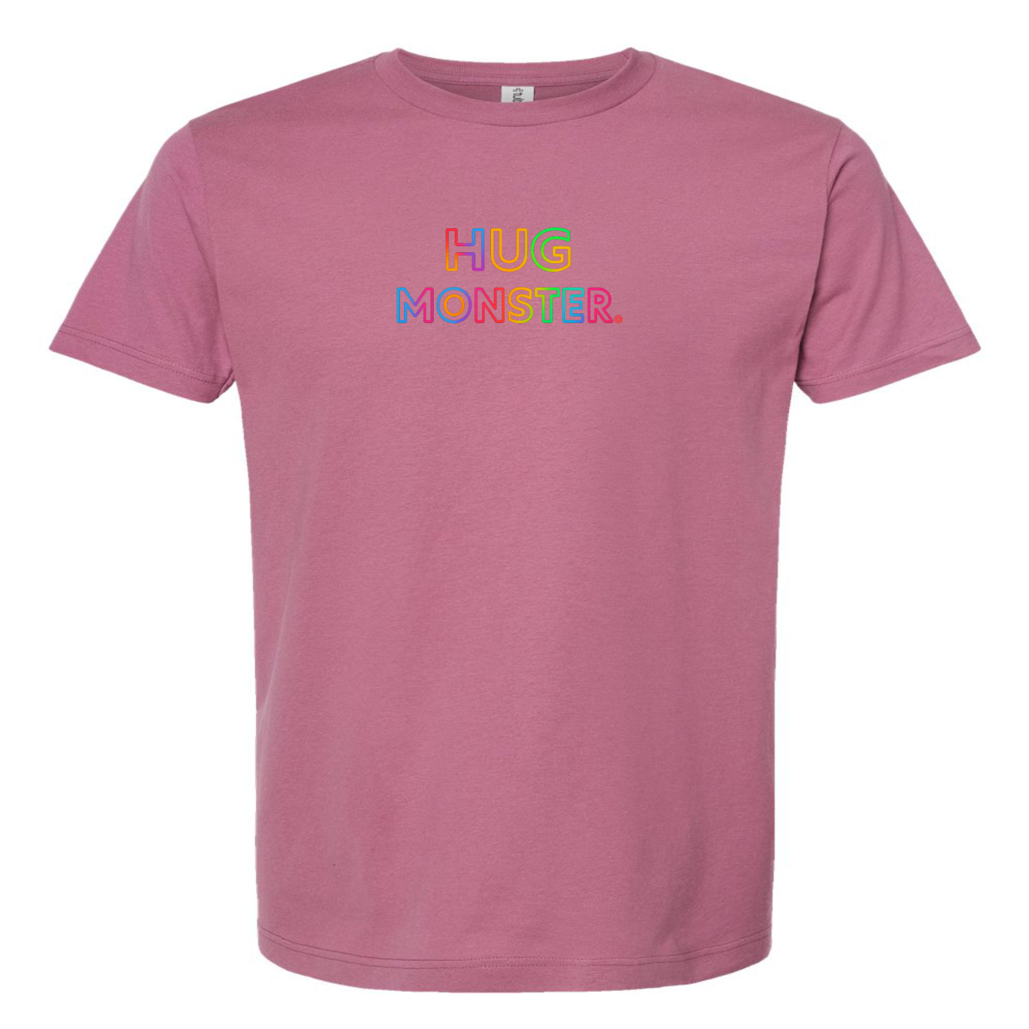 Hug Monster Original Rainbow T-Shirt - Positive Message Graphic Tee in Soft Dusty Rose Pink – Front View