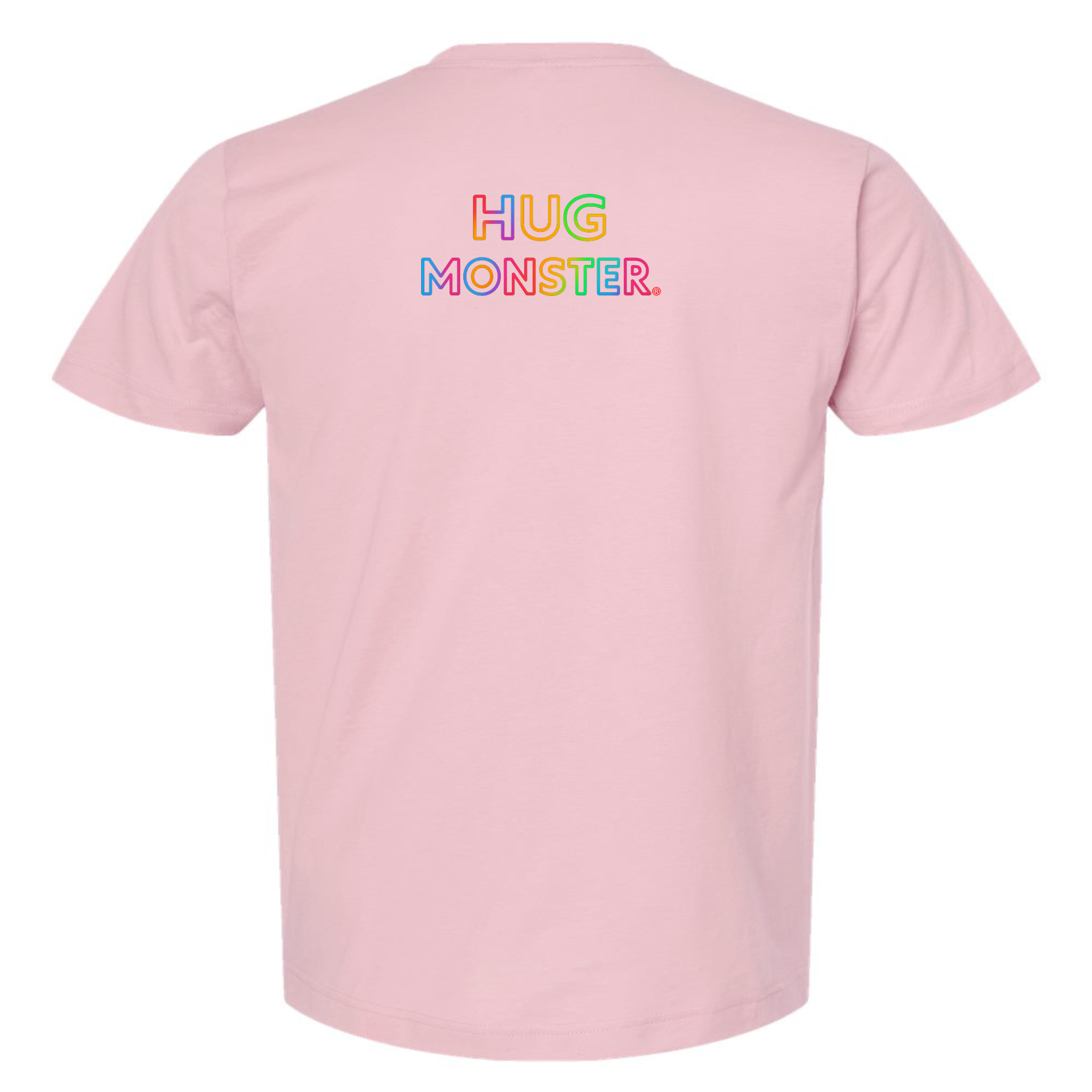 Hug Monster Original Rainbow T-Shirt - Positive Message Graphic Tee in Soft Pink – Back View