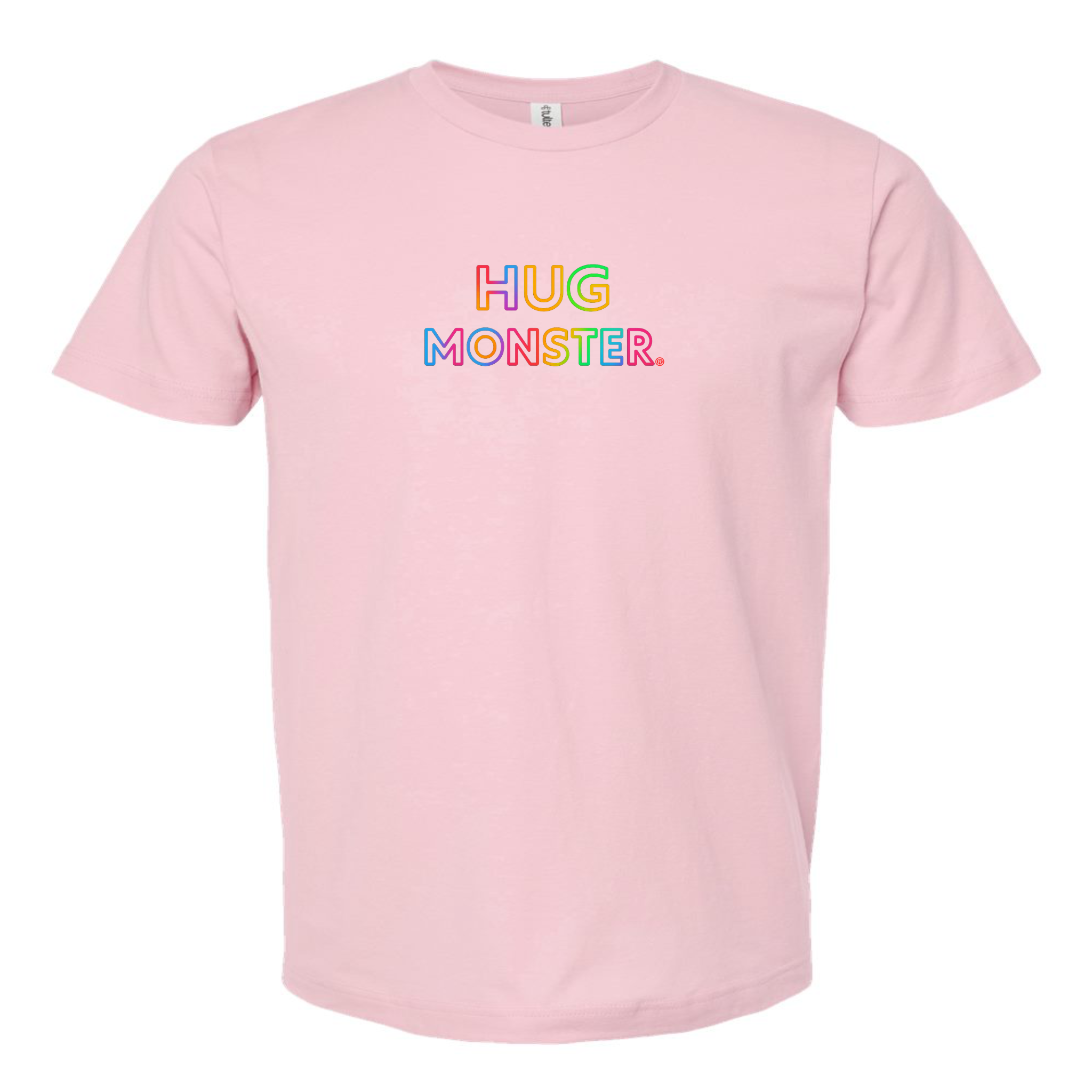 Hug Monster Original Rainbow T-Shirt - Positive Message Graphic Tee in Soft Pink – Front View