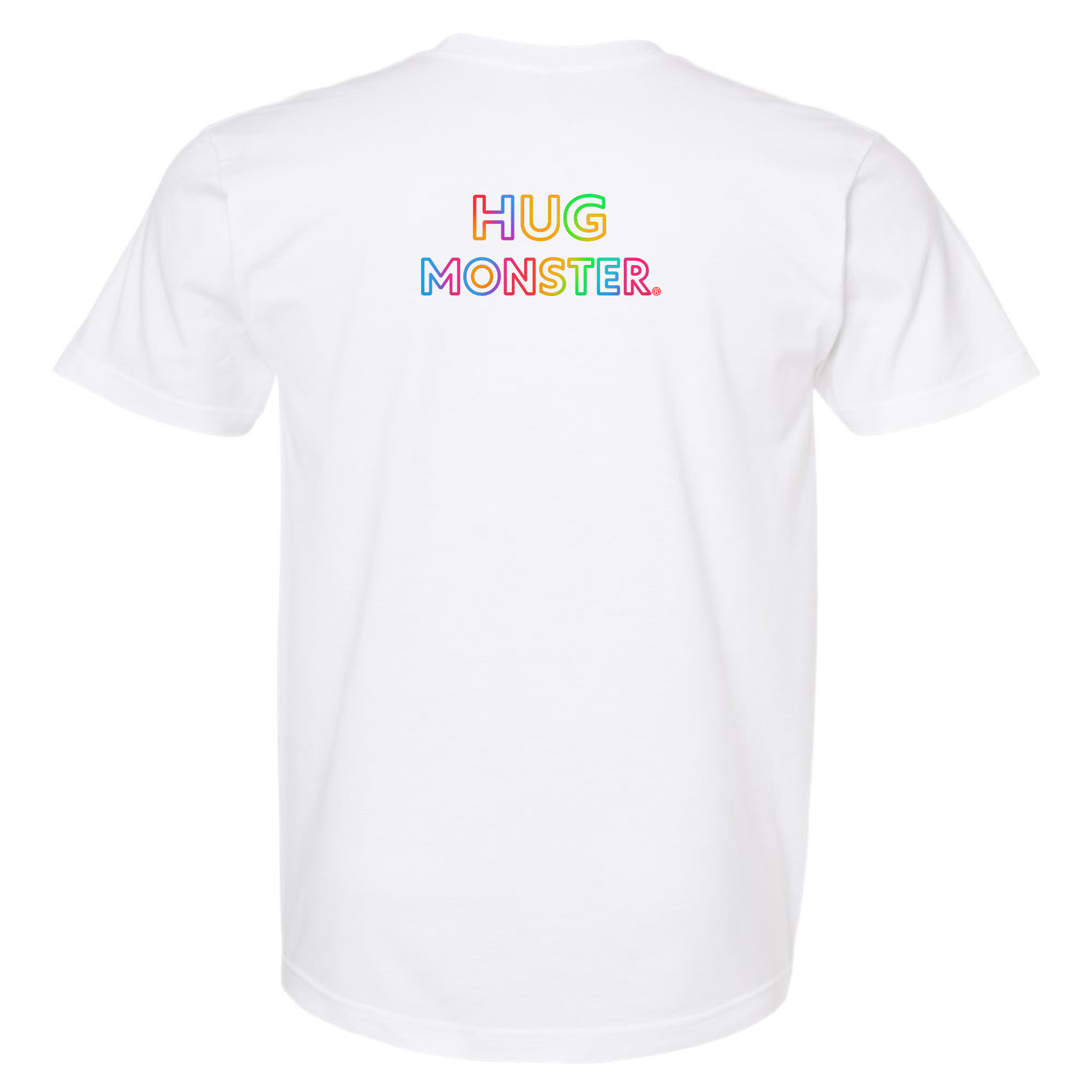 Hug Monster Original Rainbow T-Shirt - Positive Message Graphic Tee in White – Back View