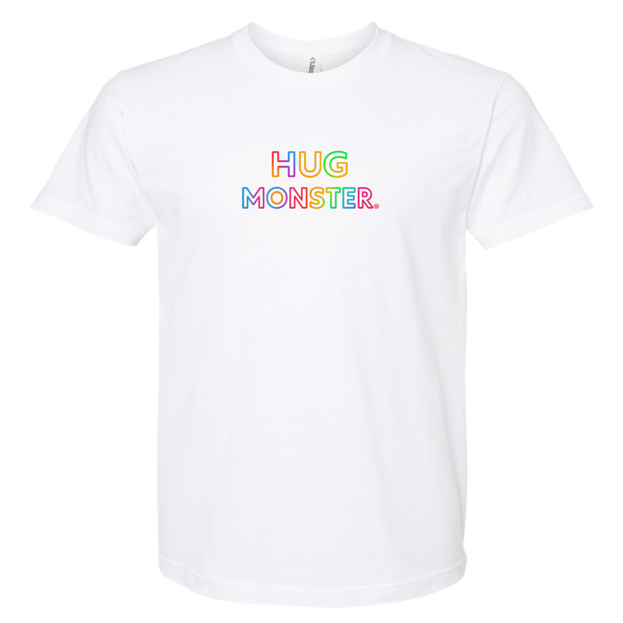 Hug Monster Original Rainbow T-Shirt - Positive Message Graphic Tee in White – Front View