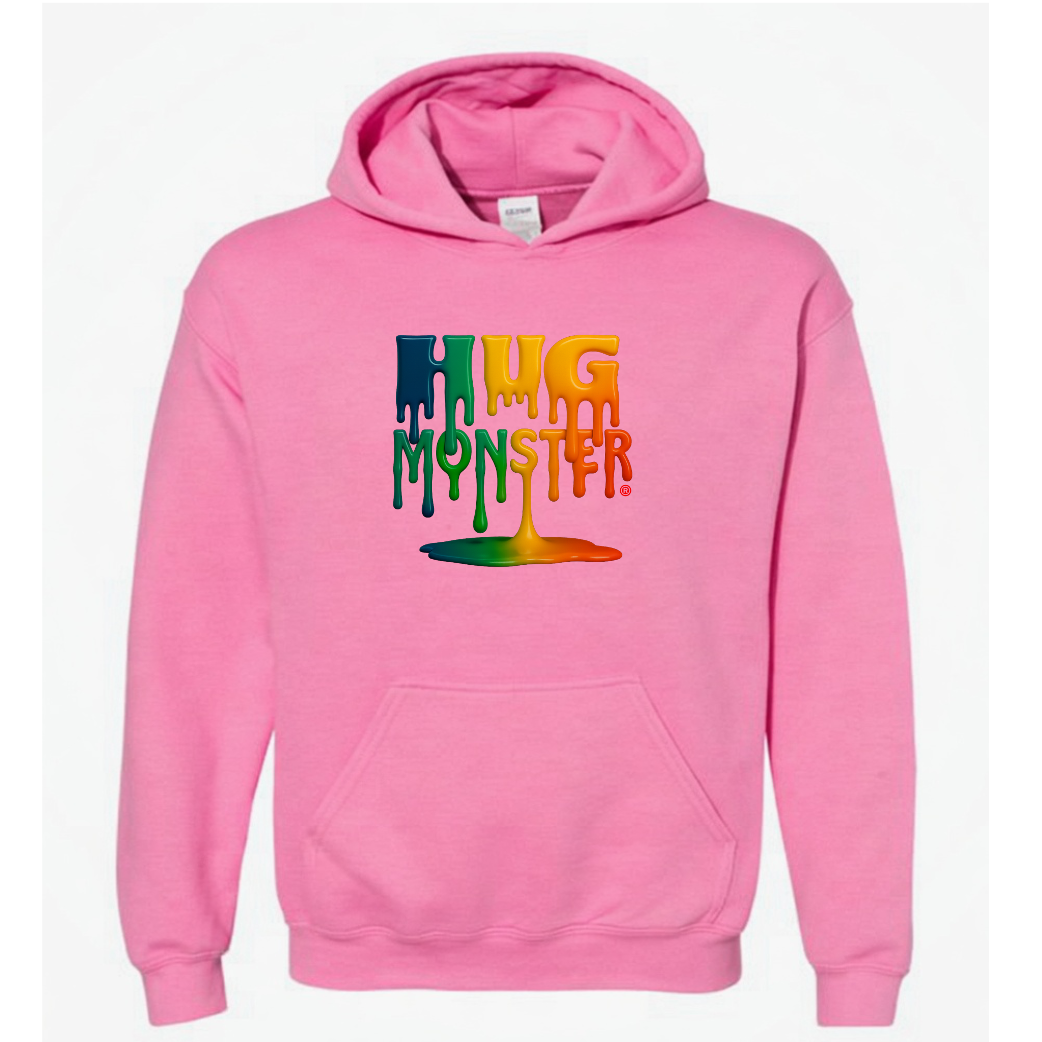 Hug Monster Dripping Paint Puddle graphic hoodie in Bright Soft Rose Pink cozy fleece positive message sweatshirt