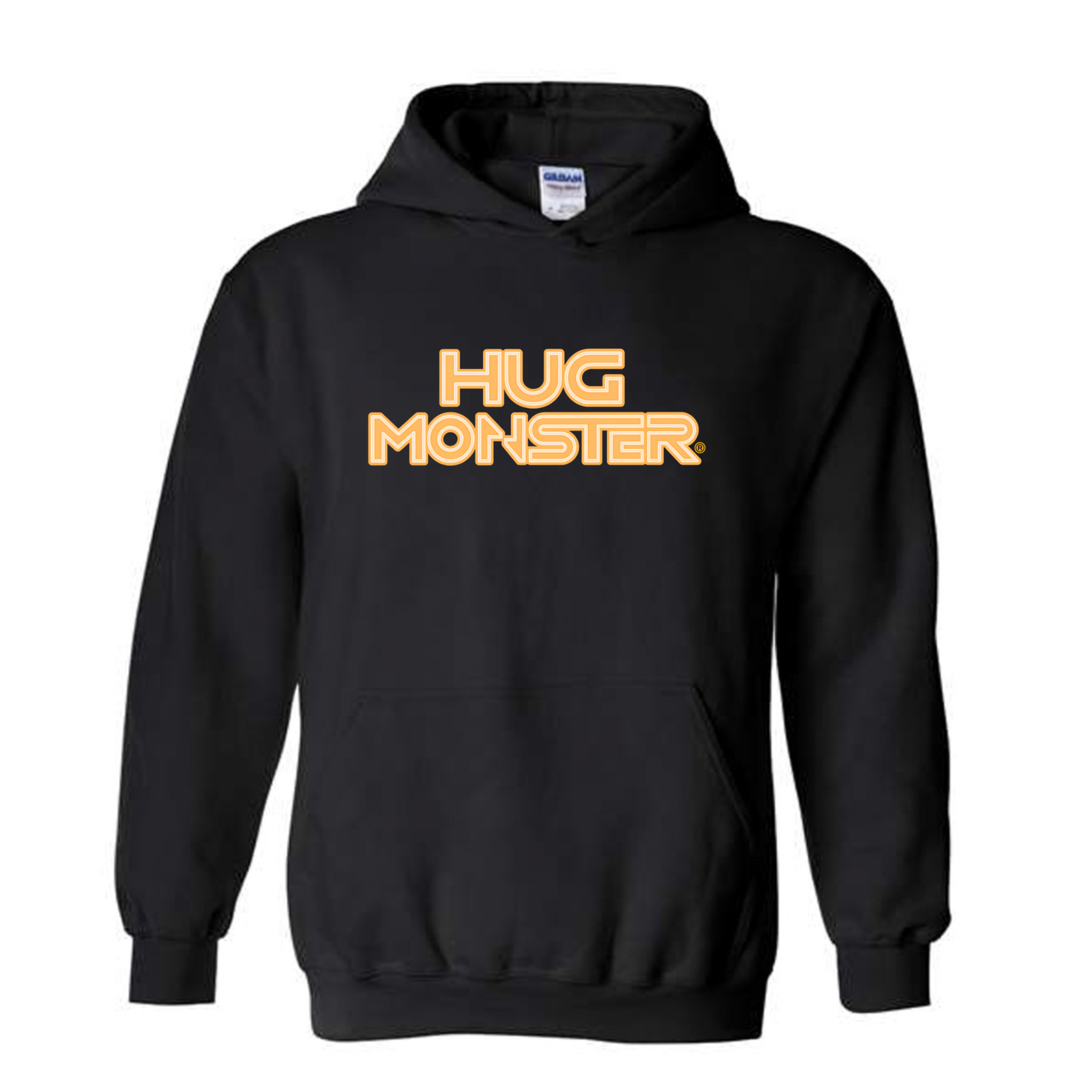 Hug Monster Electric Grid (Yellow Logo) graphic hoodie in Black cozy fleece positive message sweatshirt